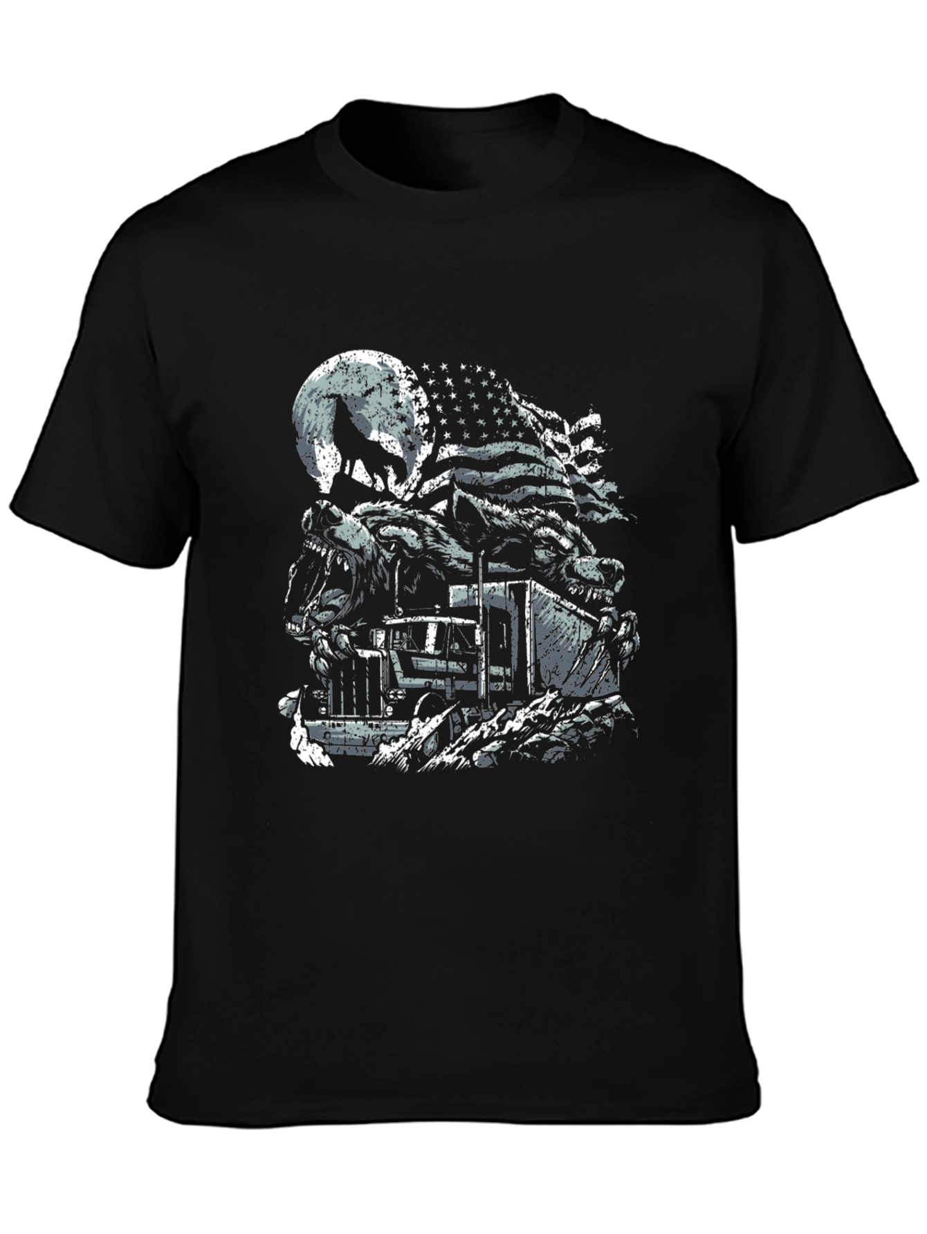 Wolf Truck American Flag Graphic Tee - Patriotic Style