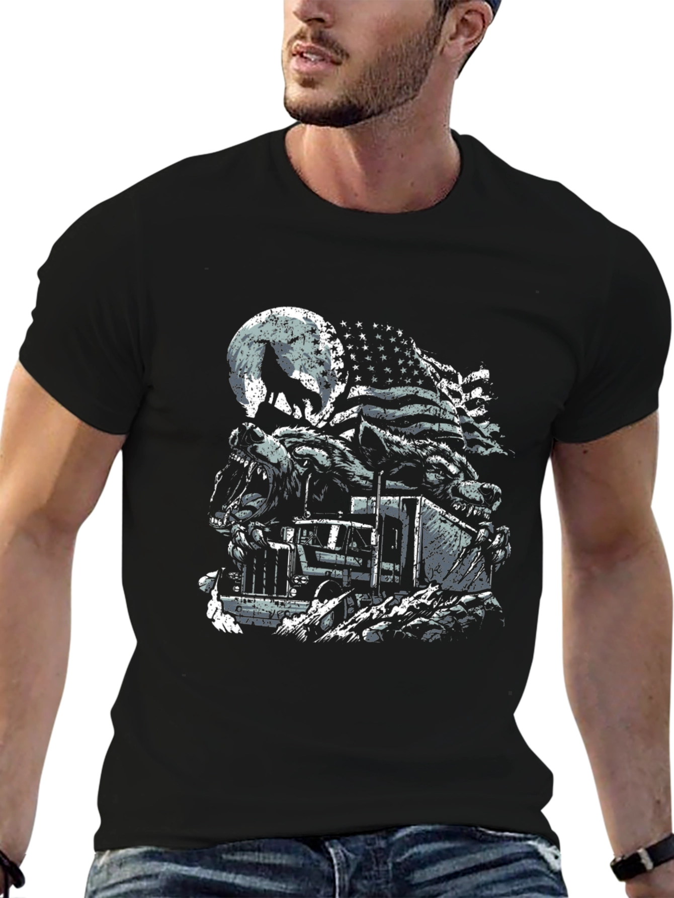 Wolf Truck American Flag Graphic Tee - Patriotic Style