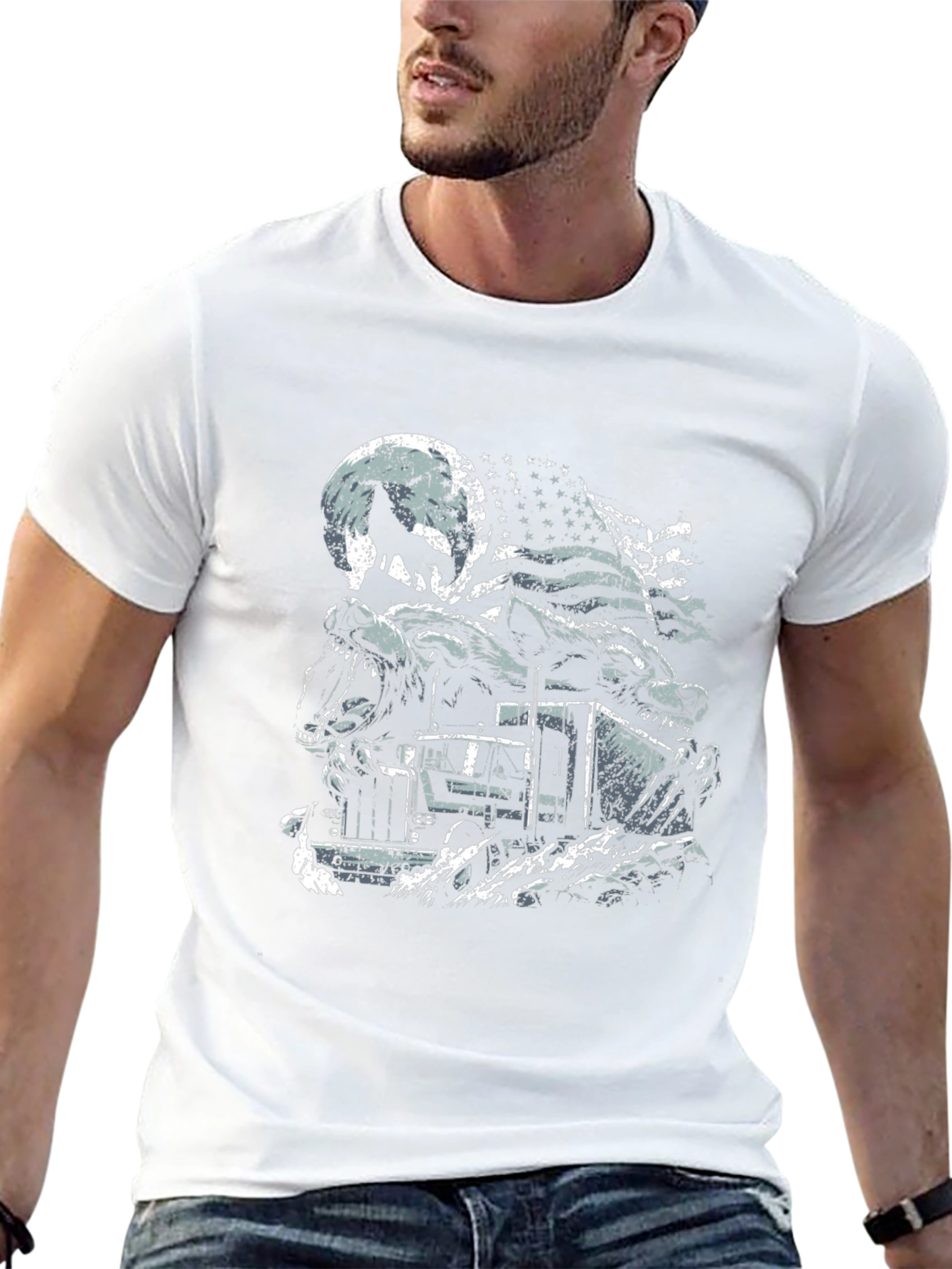 Wolf Truck American Flag Graphic Tee - Patriotic Style