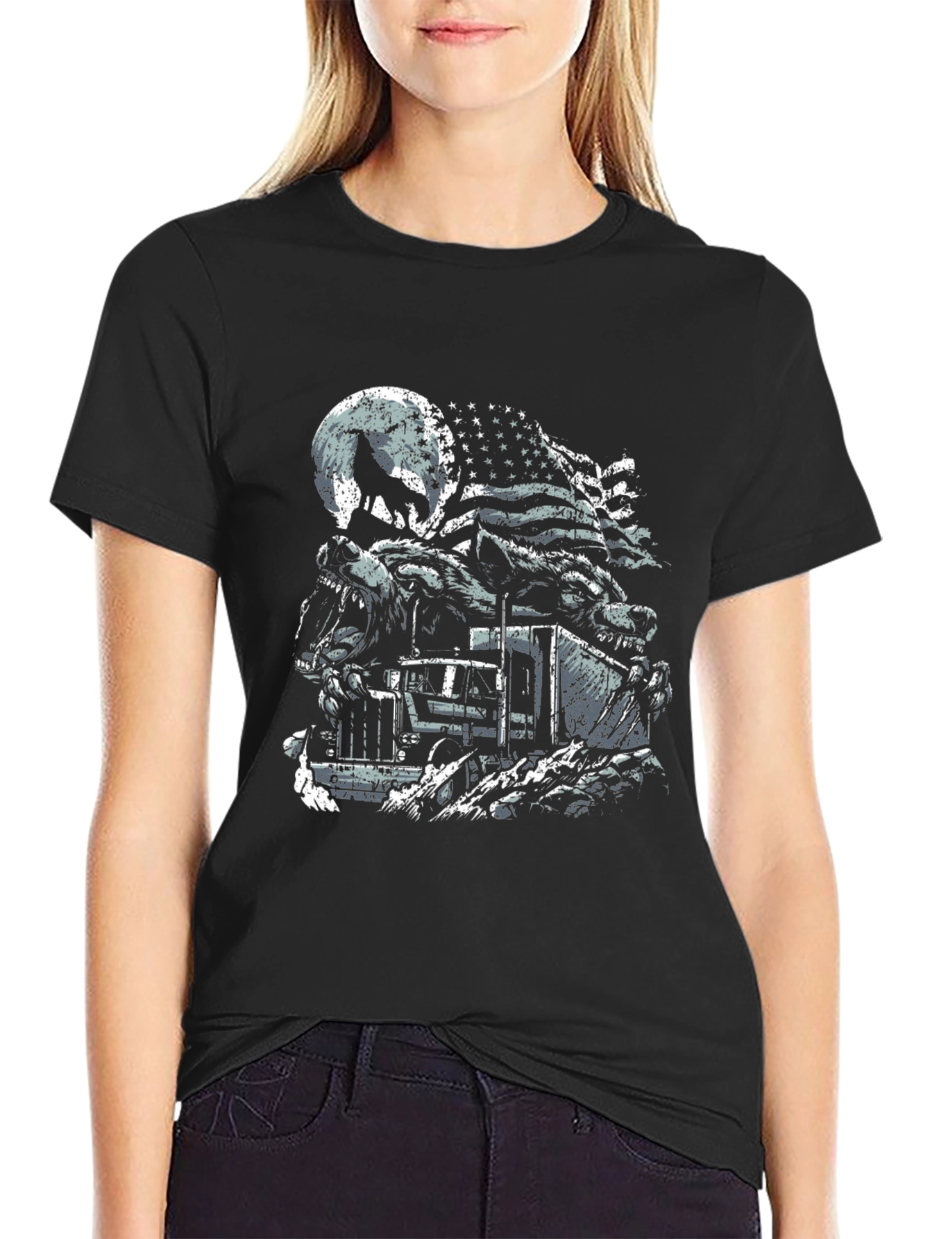 Wolf Truck American Flag Graphic Tee - Patriotic Style