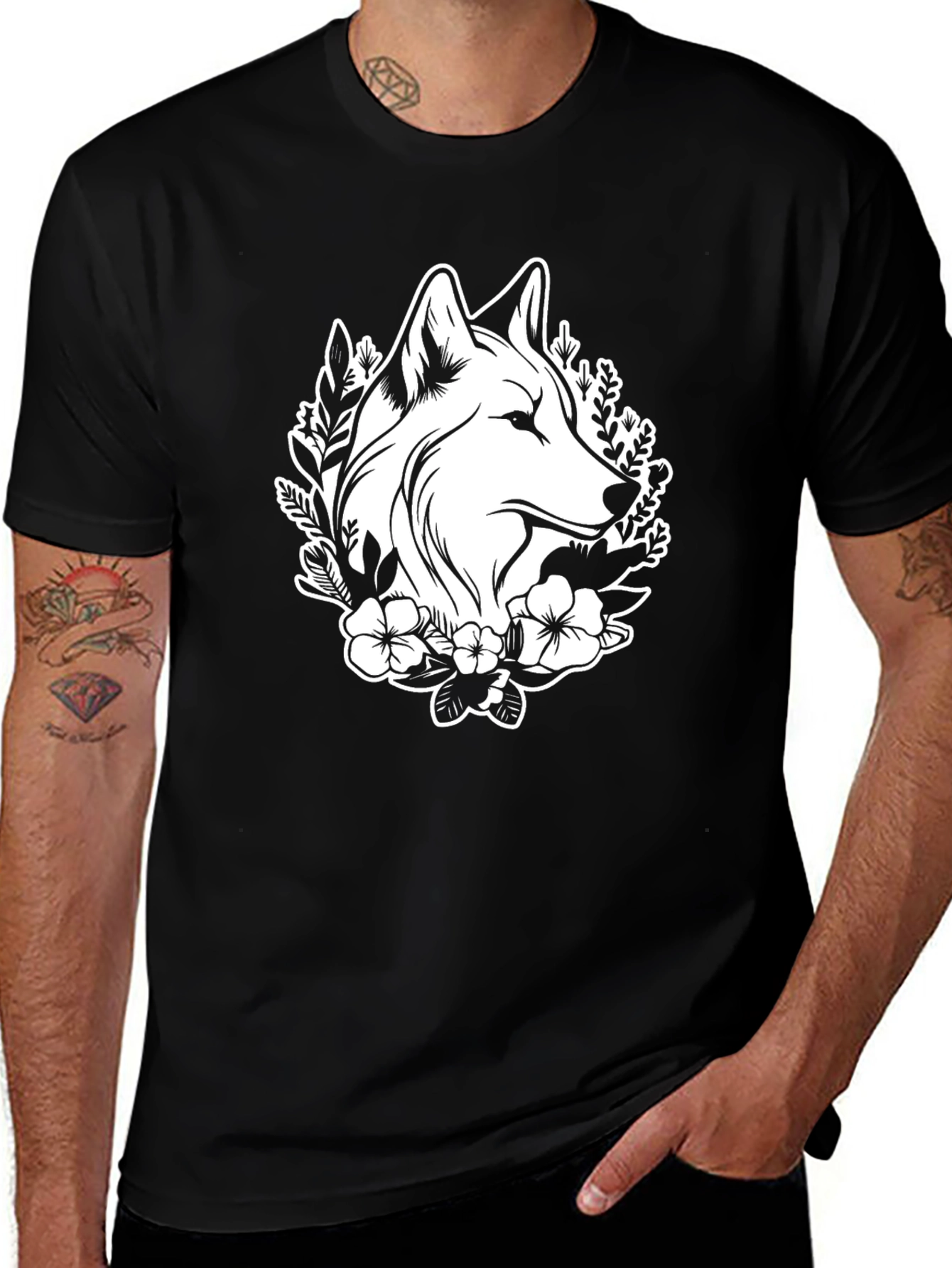 Wolf & Floral Graphic Tee - Black