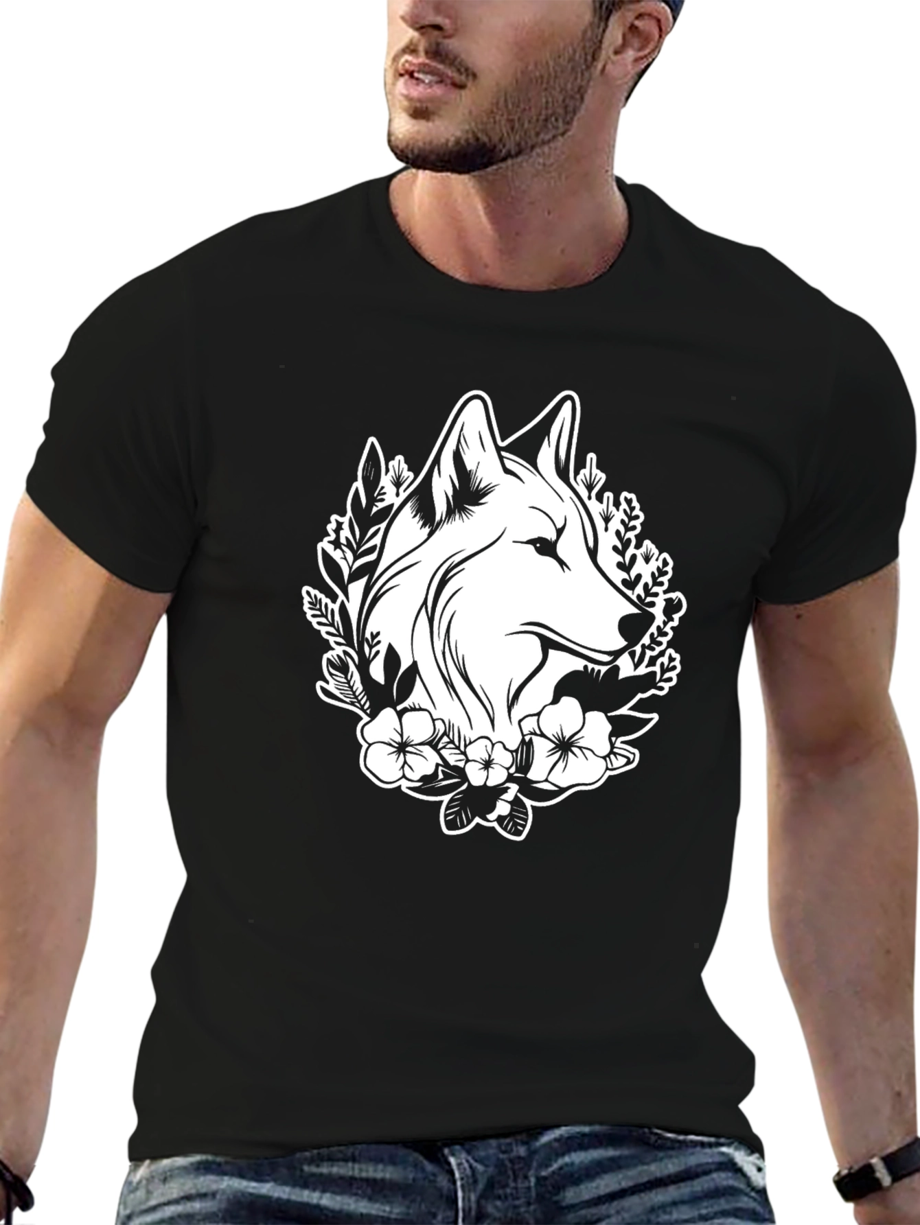 Wolf & Floral Graphic Tee - Black