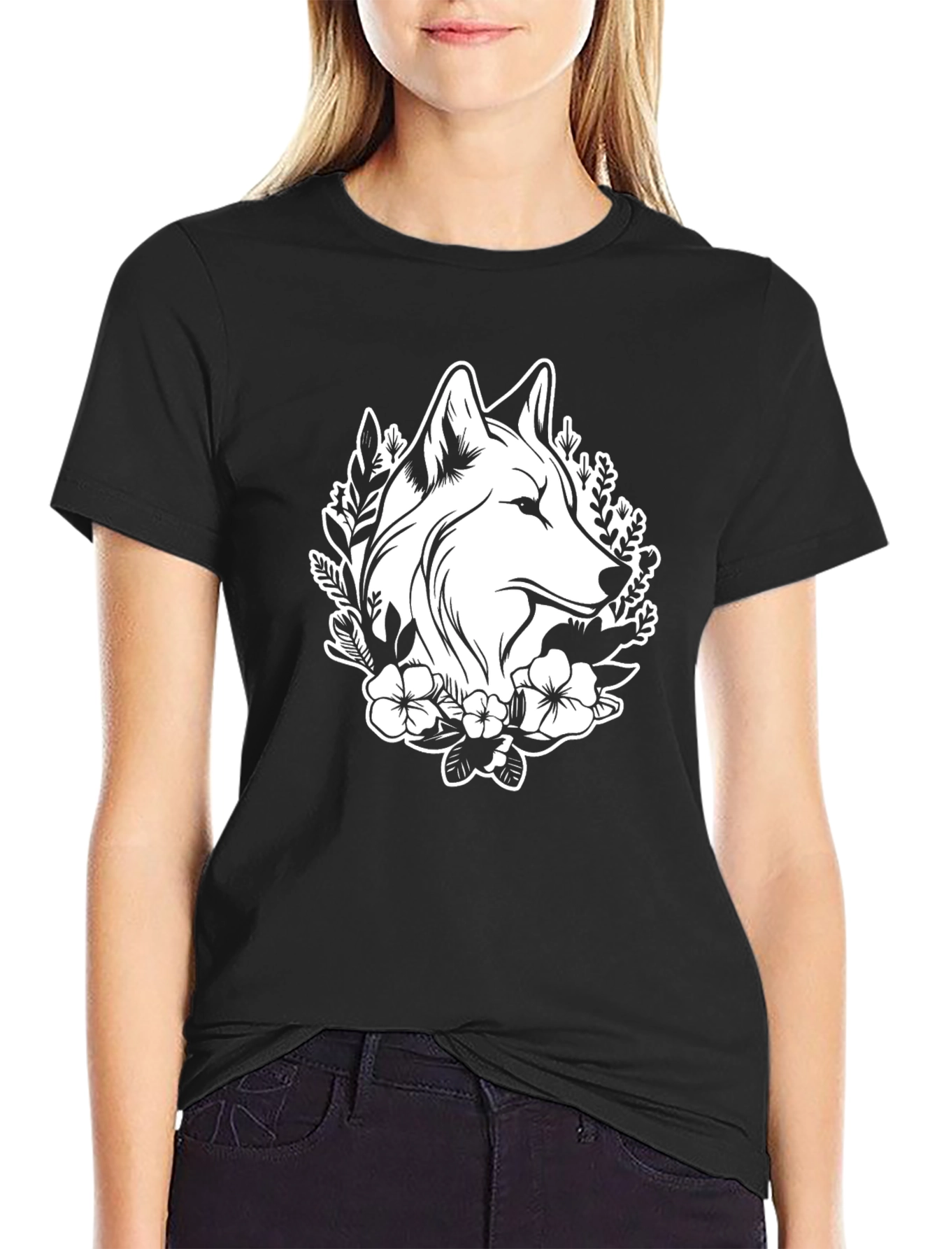 Wolf & Floral Graphic Tee - Black