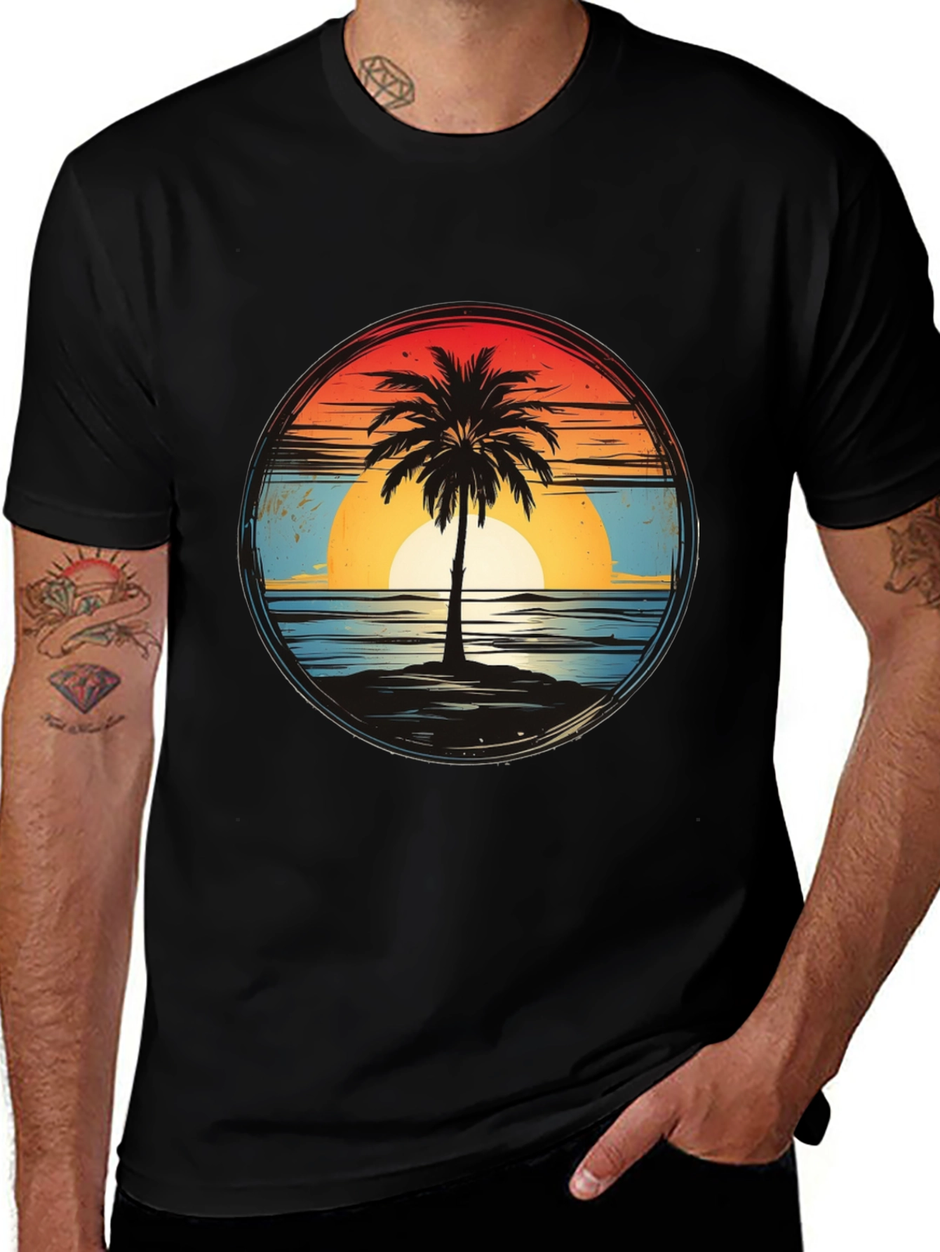 Sunset Palm Tee - Retro Beach Vibes