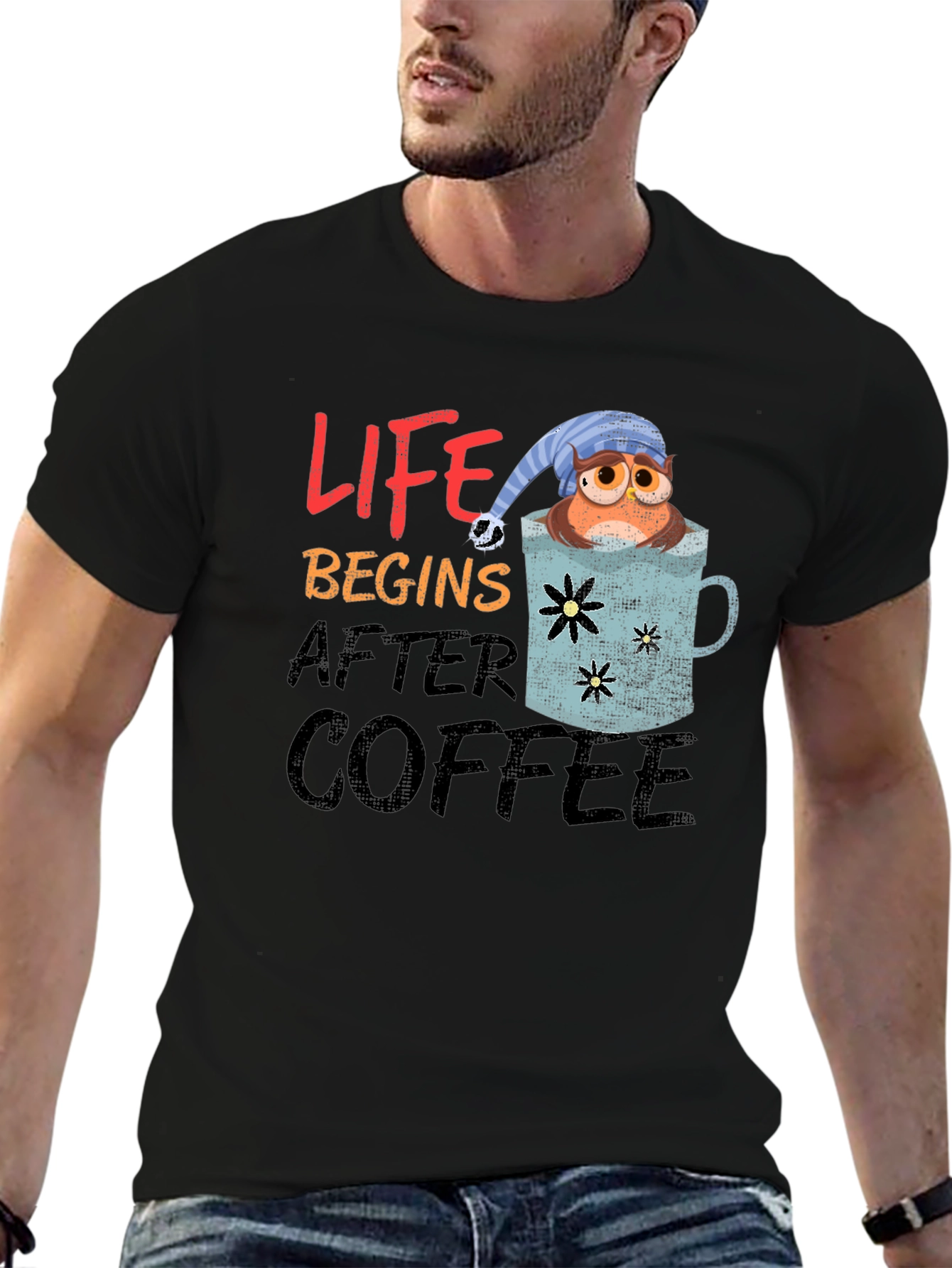 Life Begins After Coffee Owl Graphic T-Shirt