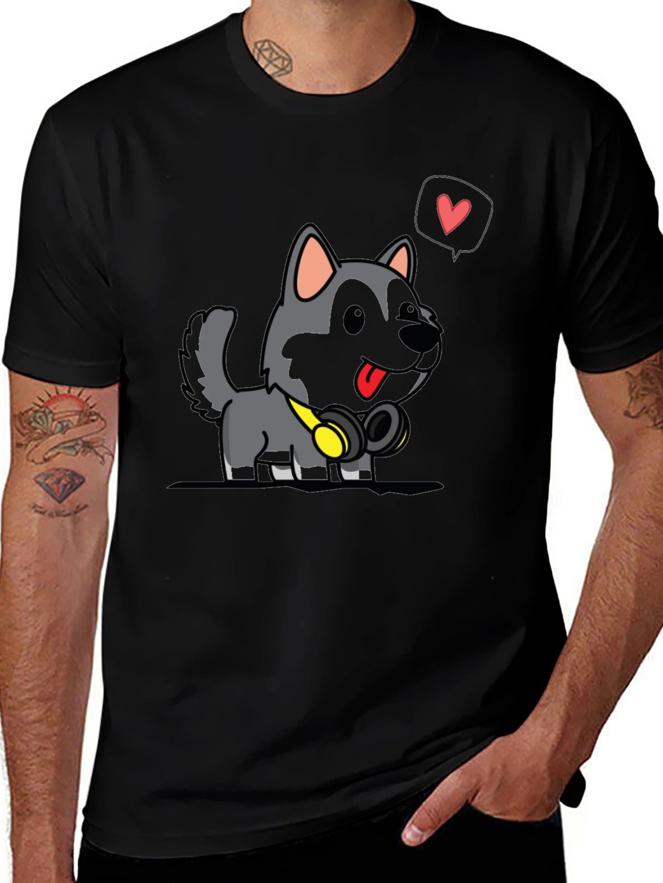 Cute Dog Cartoon Graphic Black T-Shirt