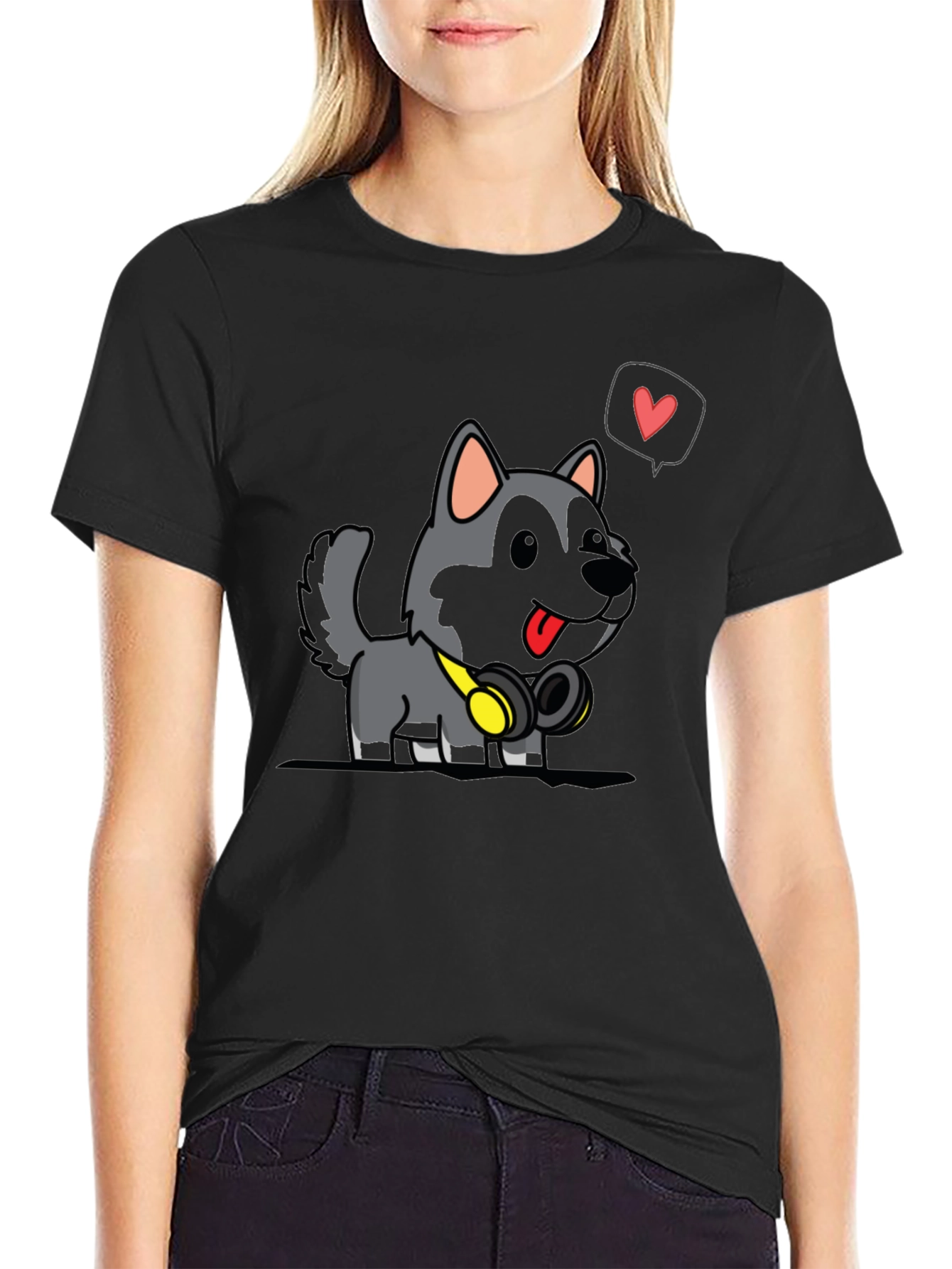 Cute Dog Cartoon Graphic Black T-Shirt