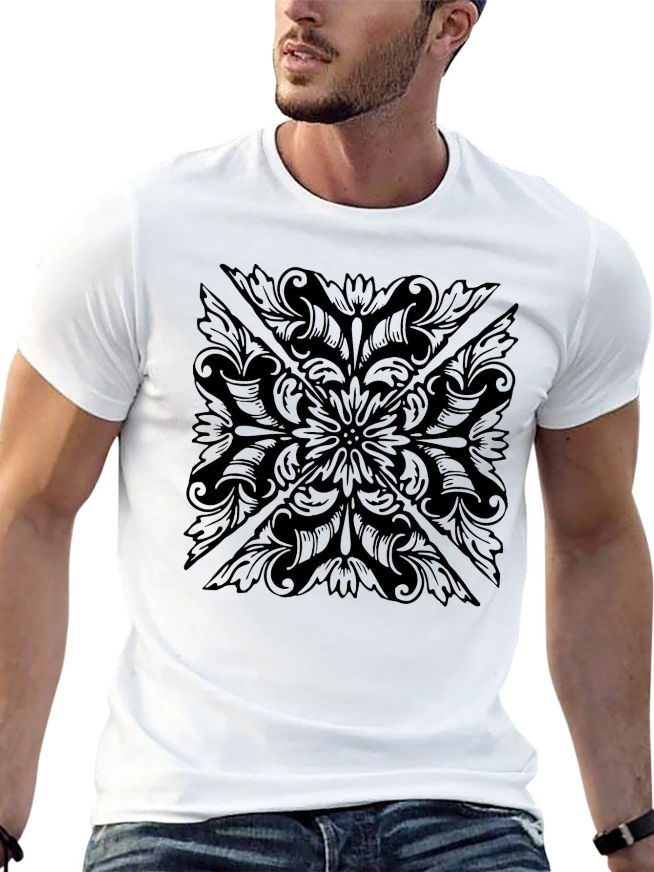 Mens Black Floral Pattern T-Shirt