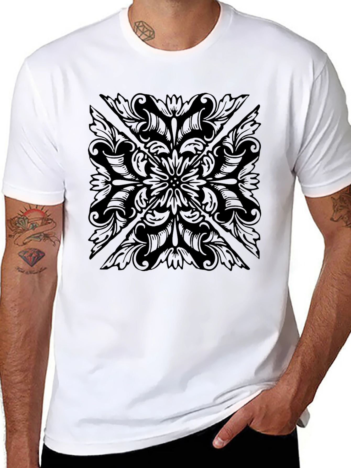 Mens Black Floral Pattern T-Shirt