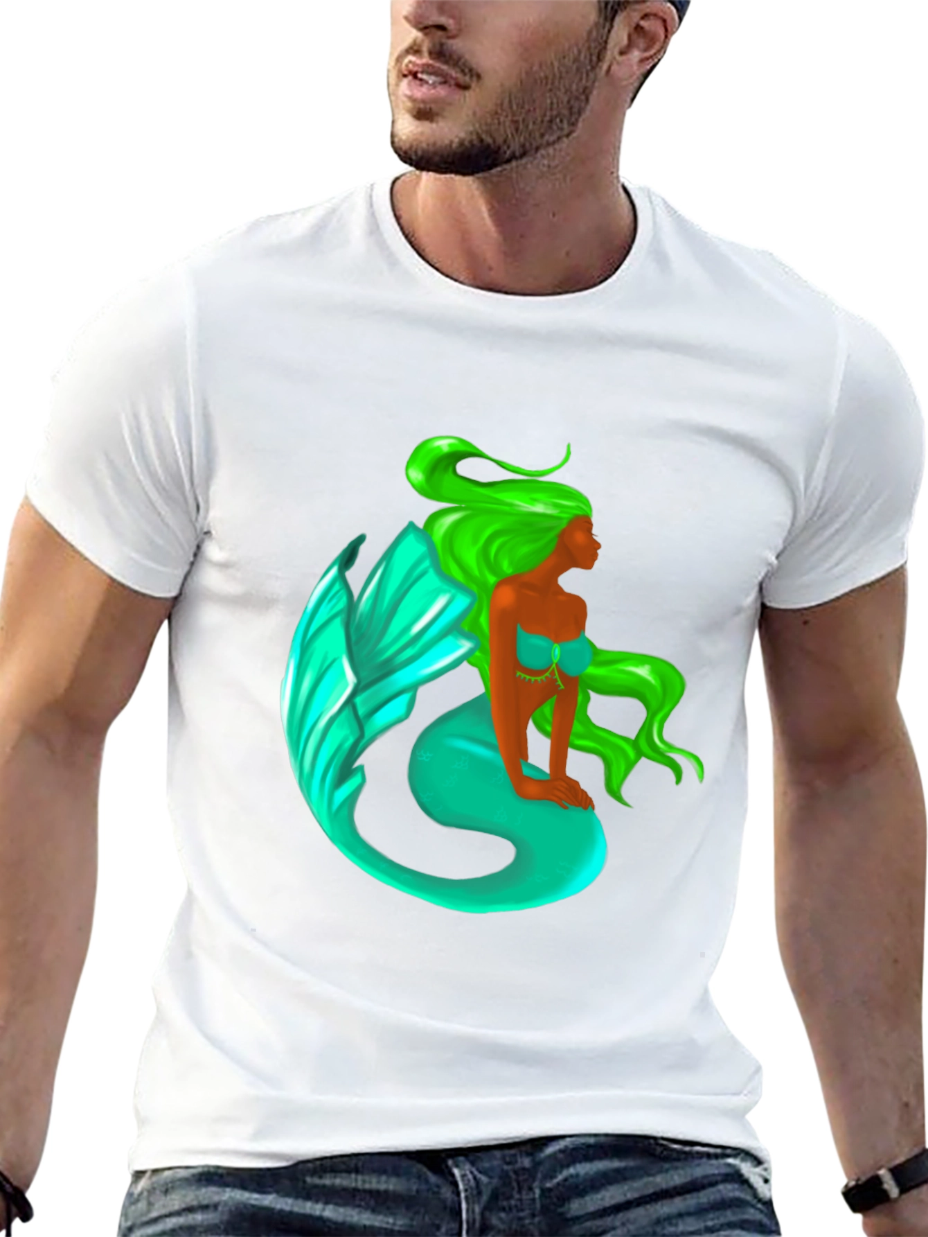 Mermaid Graphic Tee - Black Cotton Blend T-Shirt