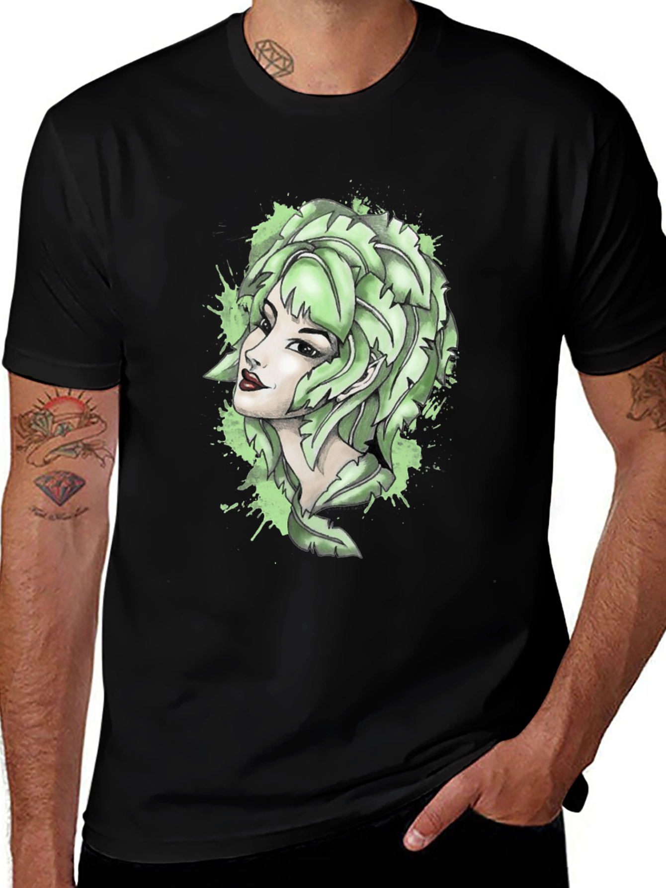 Leaf Woman Graphic Tee - Black Cotton T-Shirt