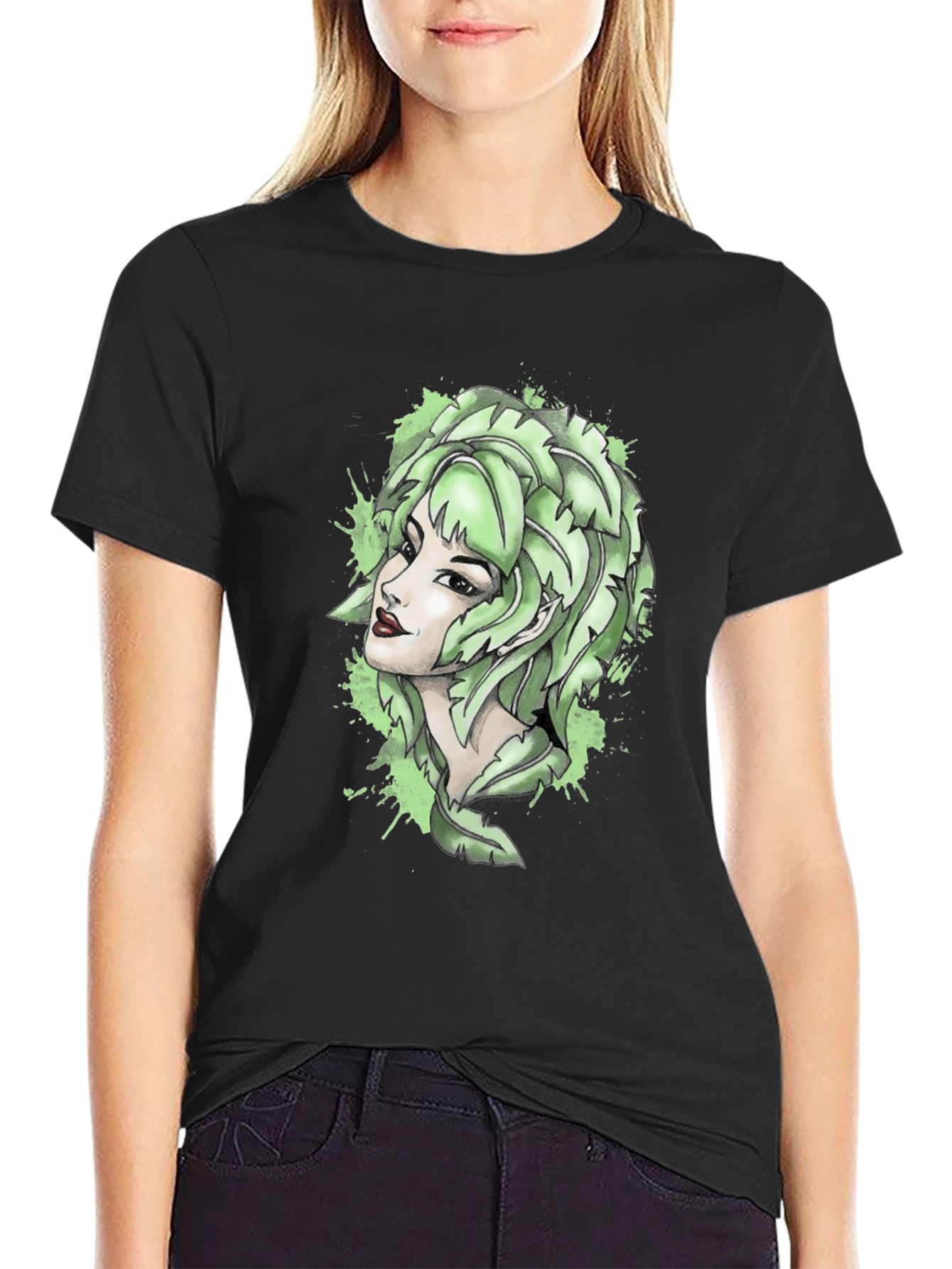Leaf Woman Graphic Tee - Black Cotton T-Shirt