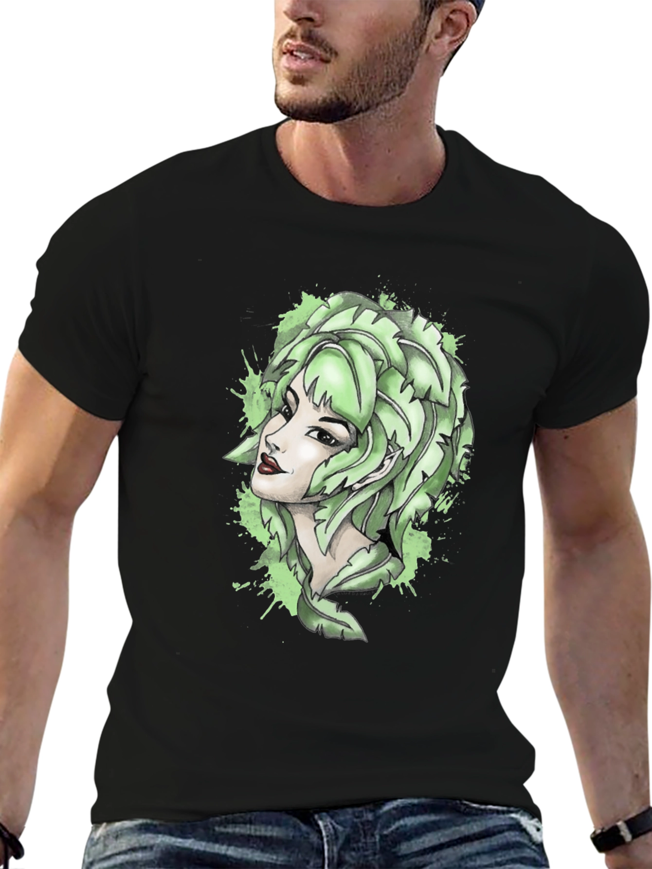 Leaf Woman Graphic Tee - Black Cotton T-Shirt