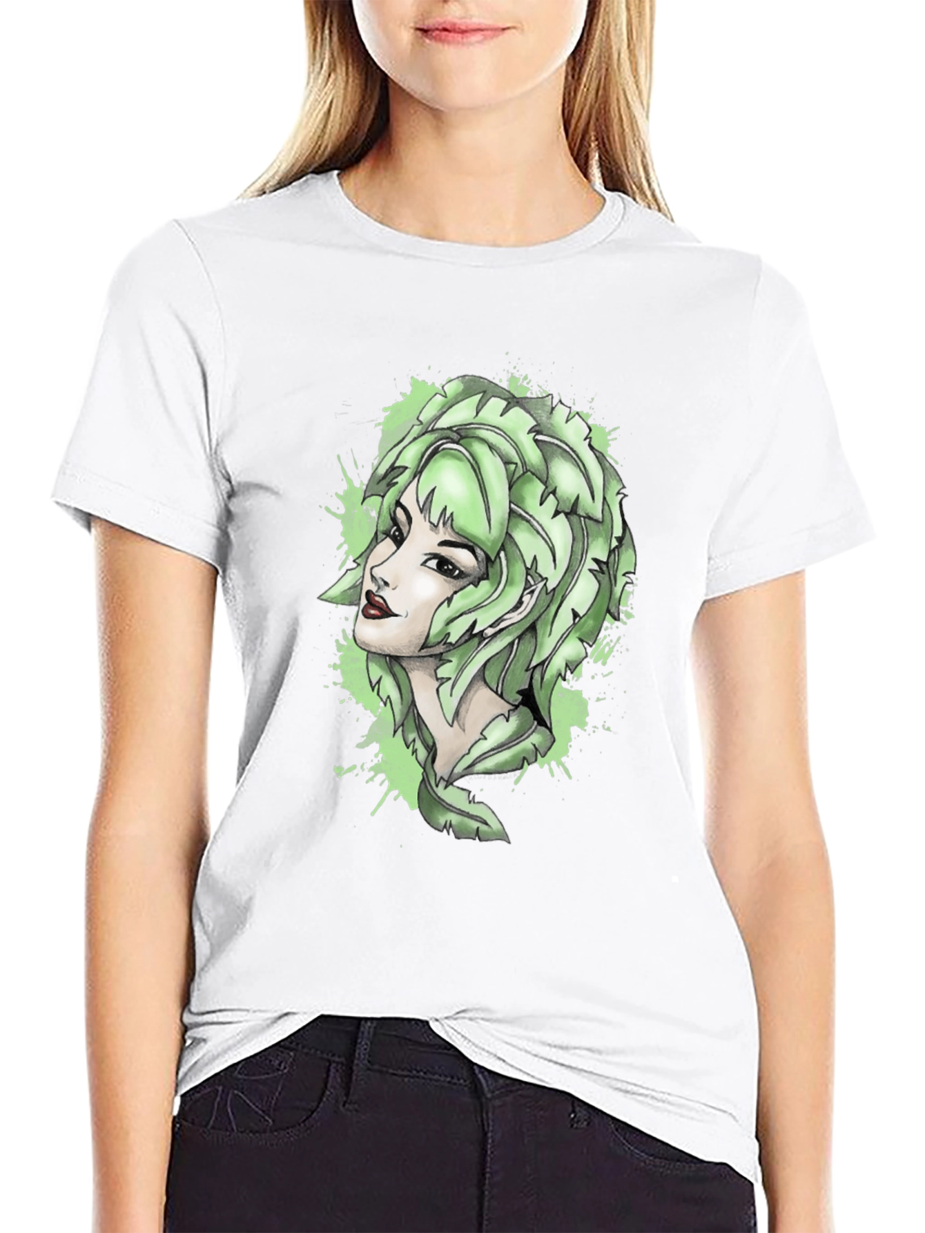 Leaf Woman Graphic Tee - Black Cotton T-Shirt