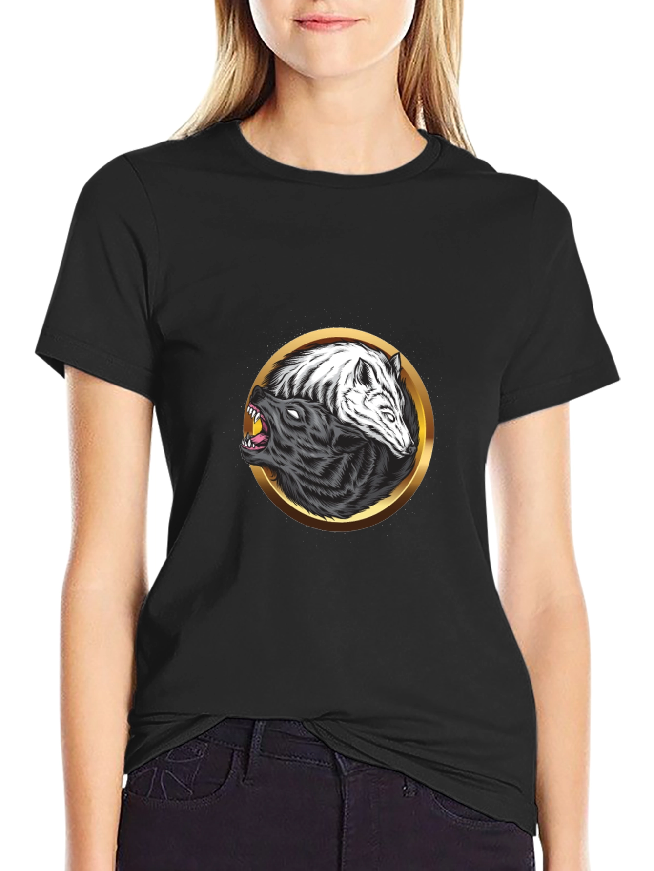 Yin Yang Wolf Graphic Black Tee