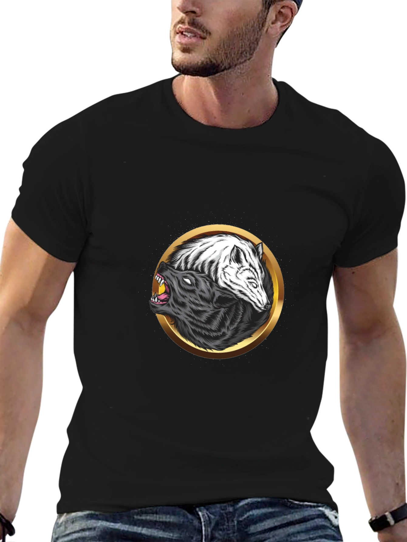 Yin Yang Wolf Graphic Black Tee
