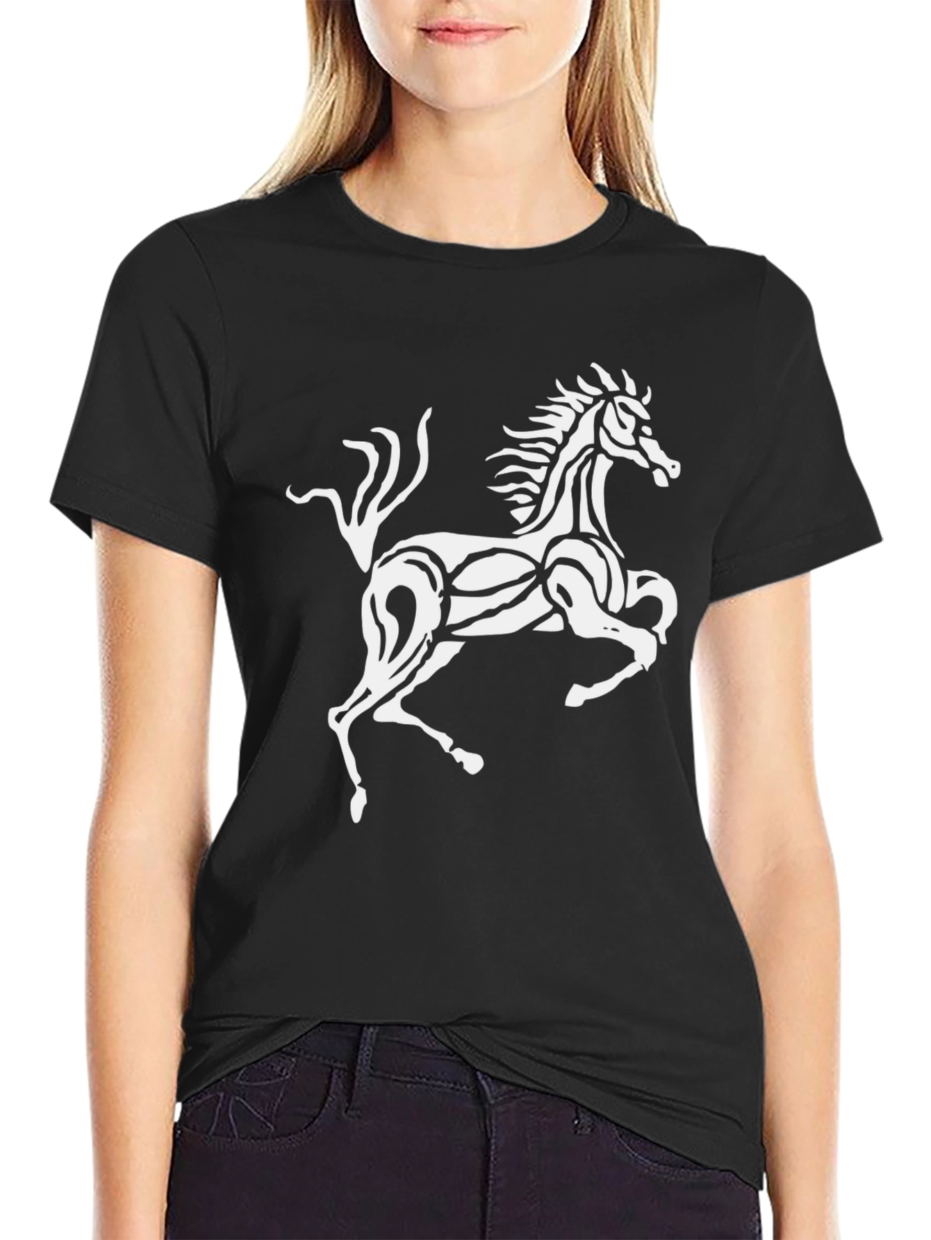 Black T-Shirt with Stylized White Horse Graphic