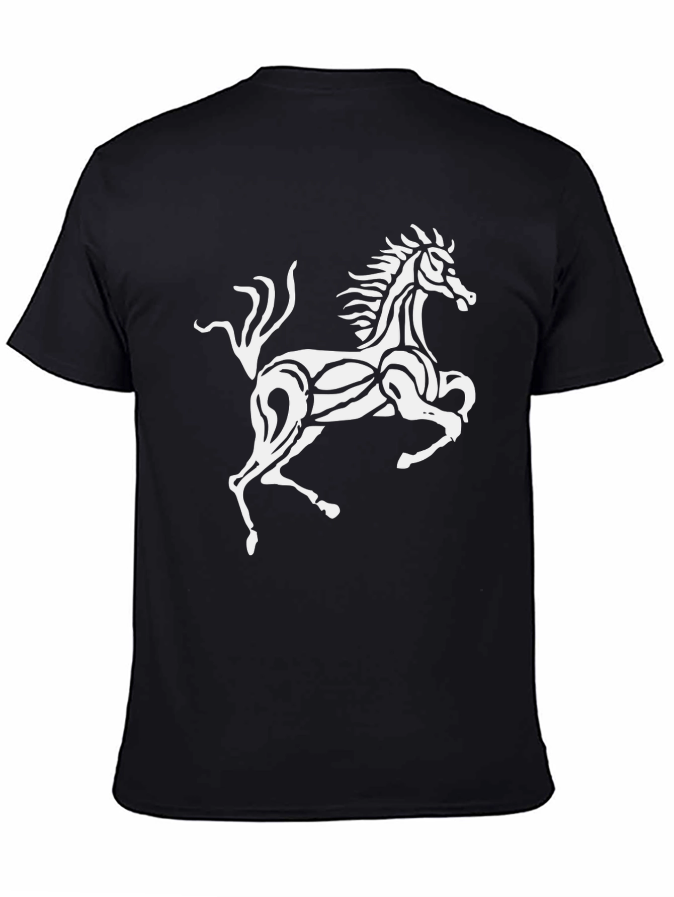 Black T-Shirt with Stylized White Horse Graphic