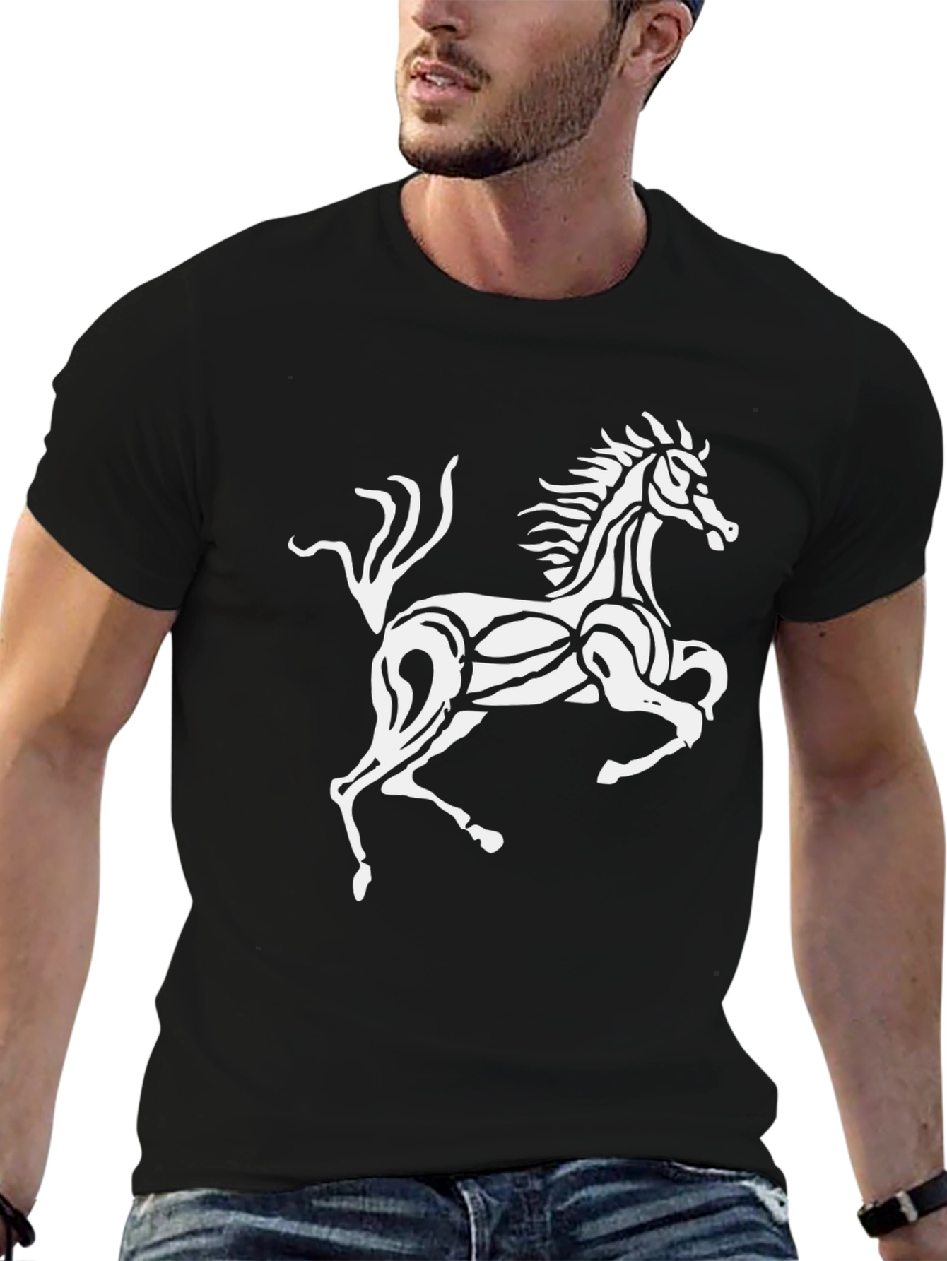 Black T-Shirt with Stylized White Horse Graphic