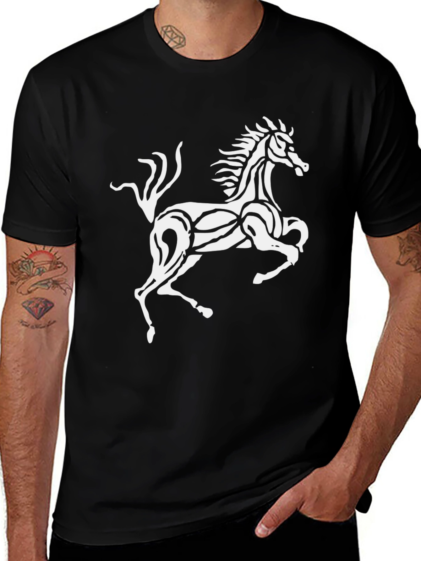 Black T-Shirt with Stylized White Horse Graphic