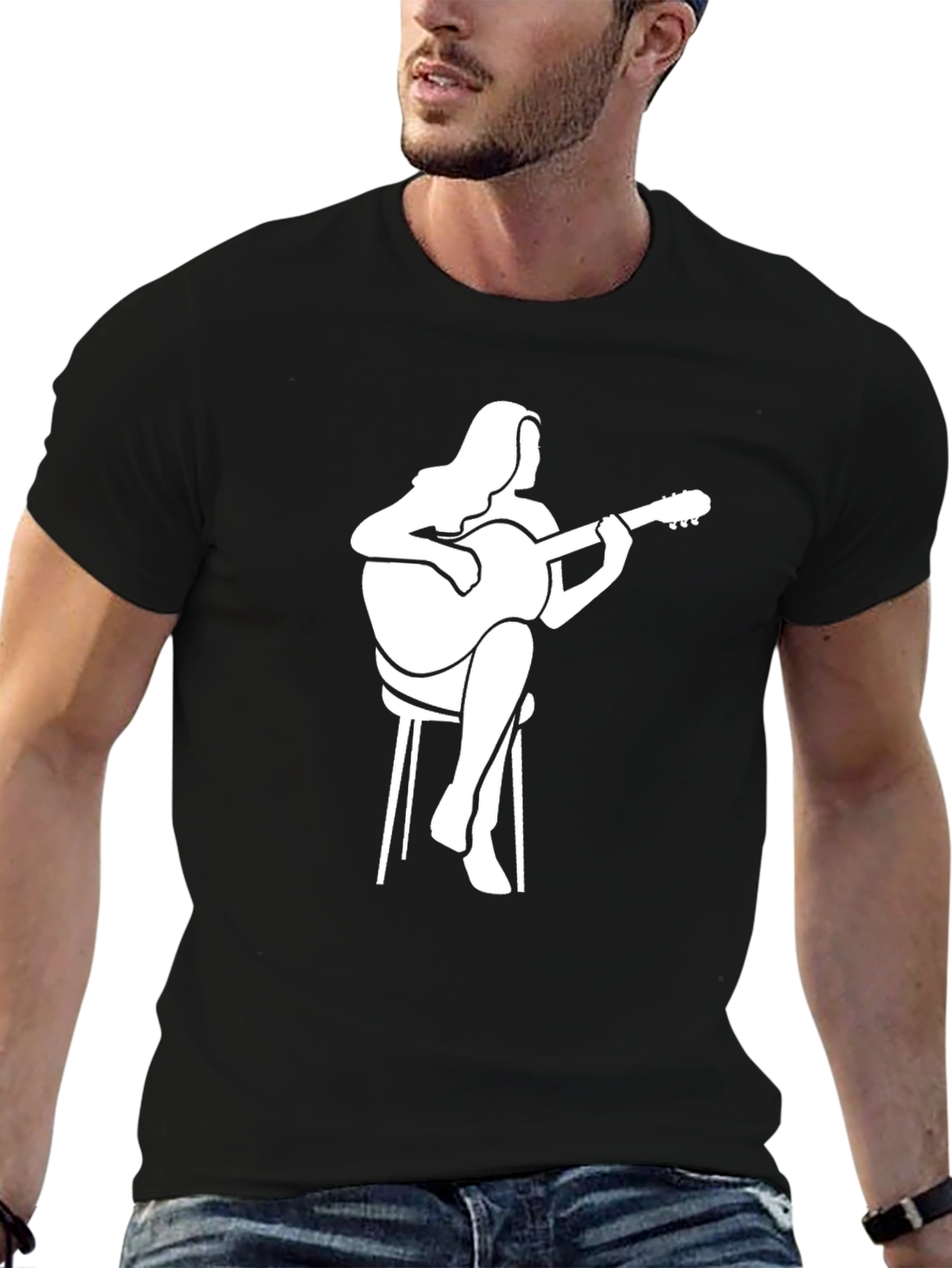Guitar Player Graphic Tee - Black Casual T-Shirt