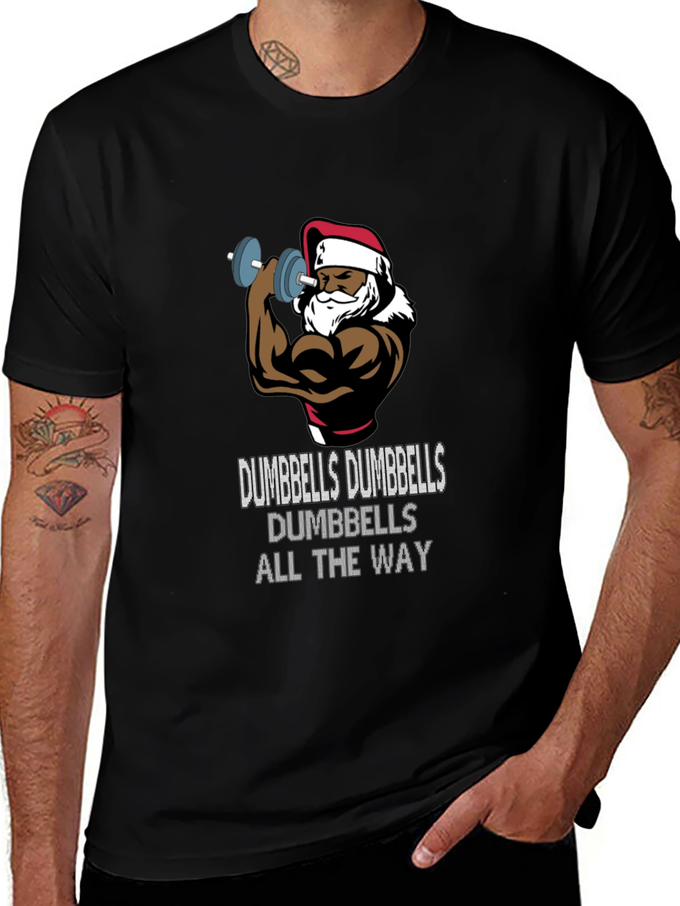 Funny Santa Workout T-Shirt: Dumbbells All The Way!