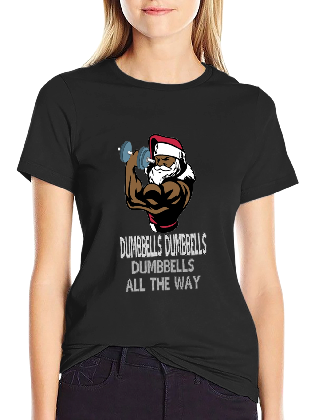 Funny Santa Workout T-Shirt: Dumbbells All The Way!