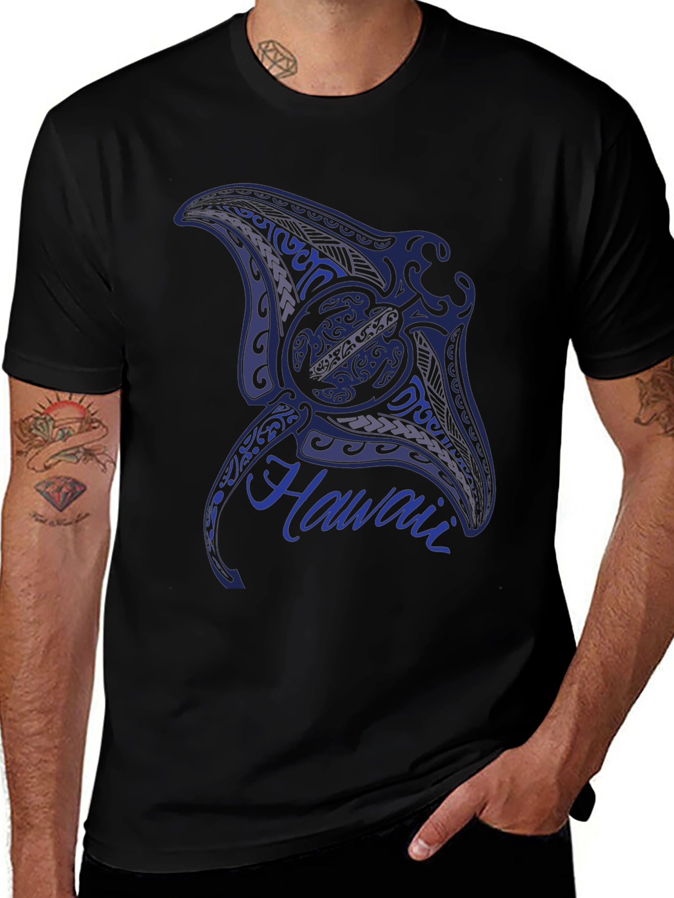 Mens Black T-Shirt with Manta Ray Hawaii Design