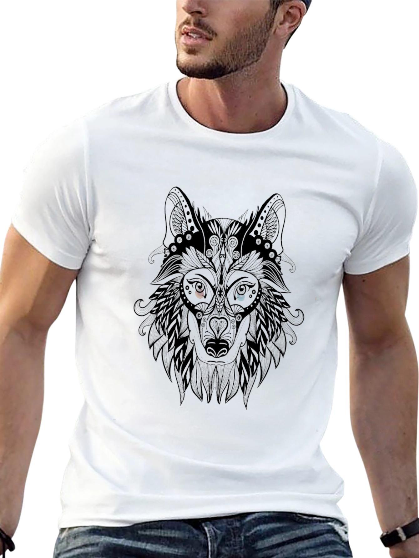 Wolf Head Graphic Tee - Stylish Mens Black T-Shirt