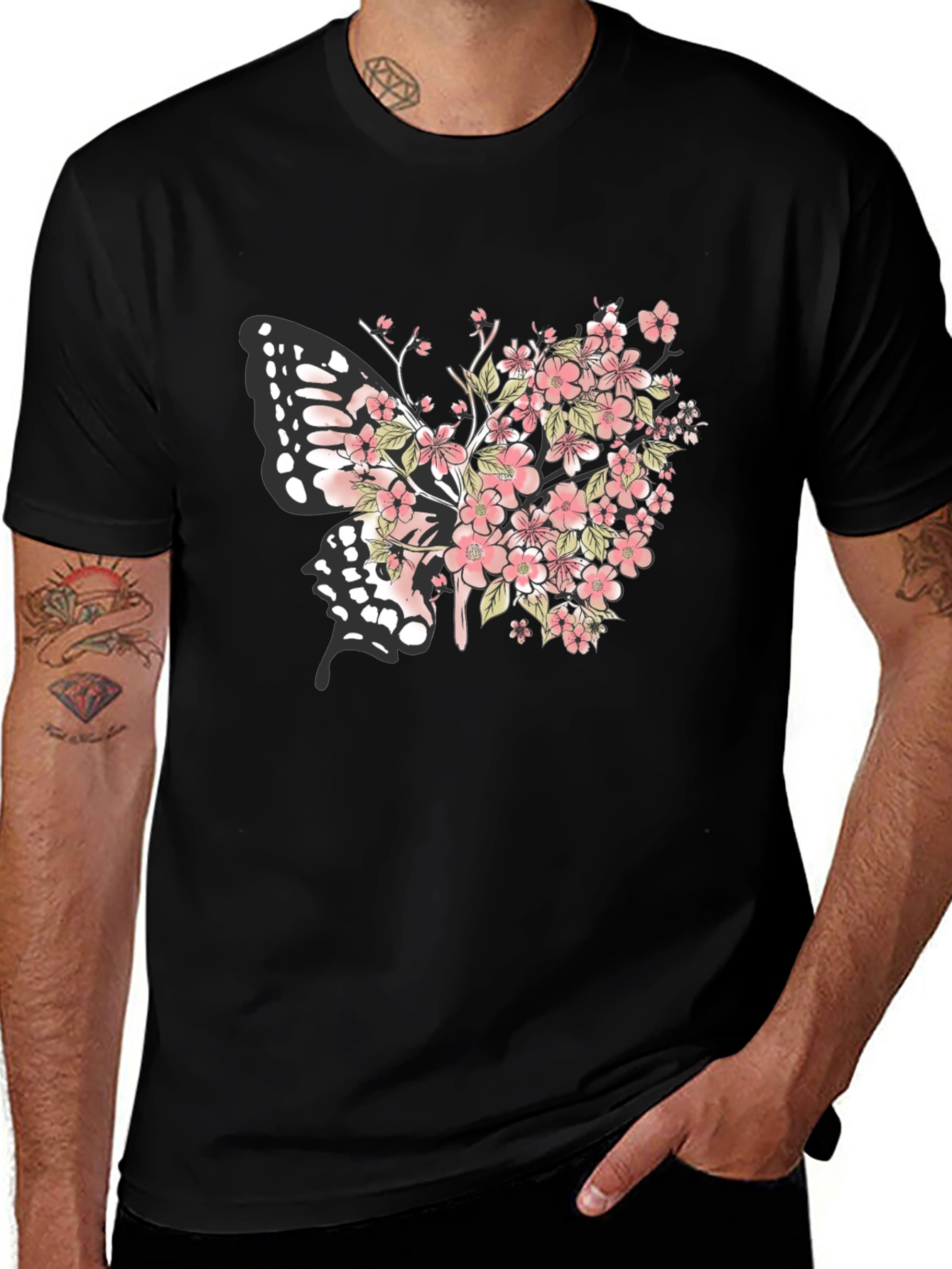 Floral Butterfly Graphic Tee - Black Cotton Blend