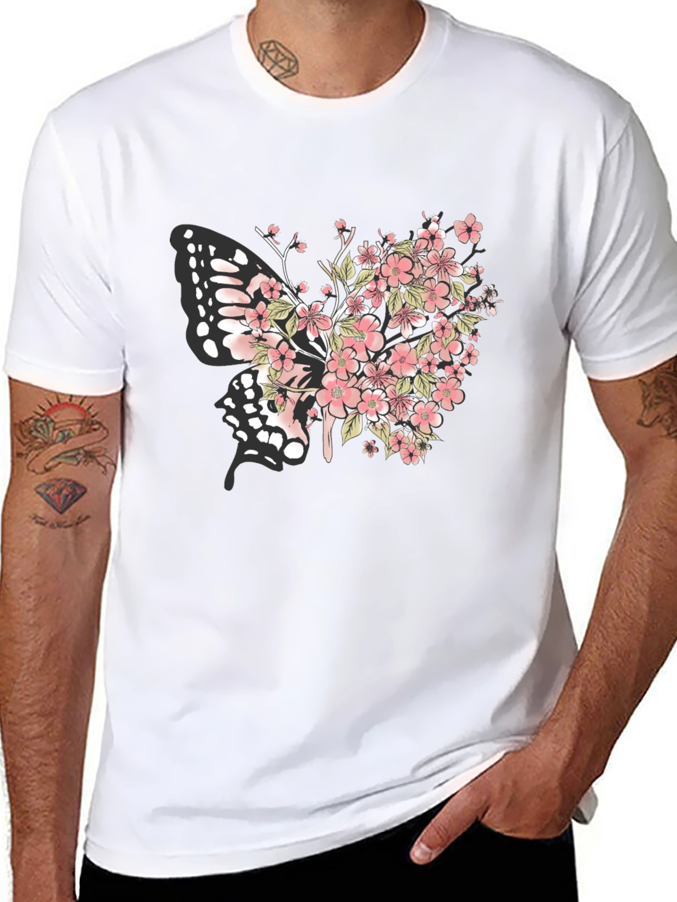 Floral Butterfly Graphic Tee - Black Cotton Blend