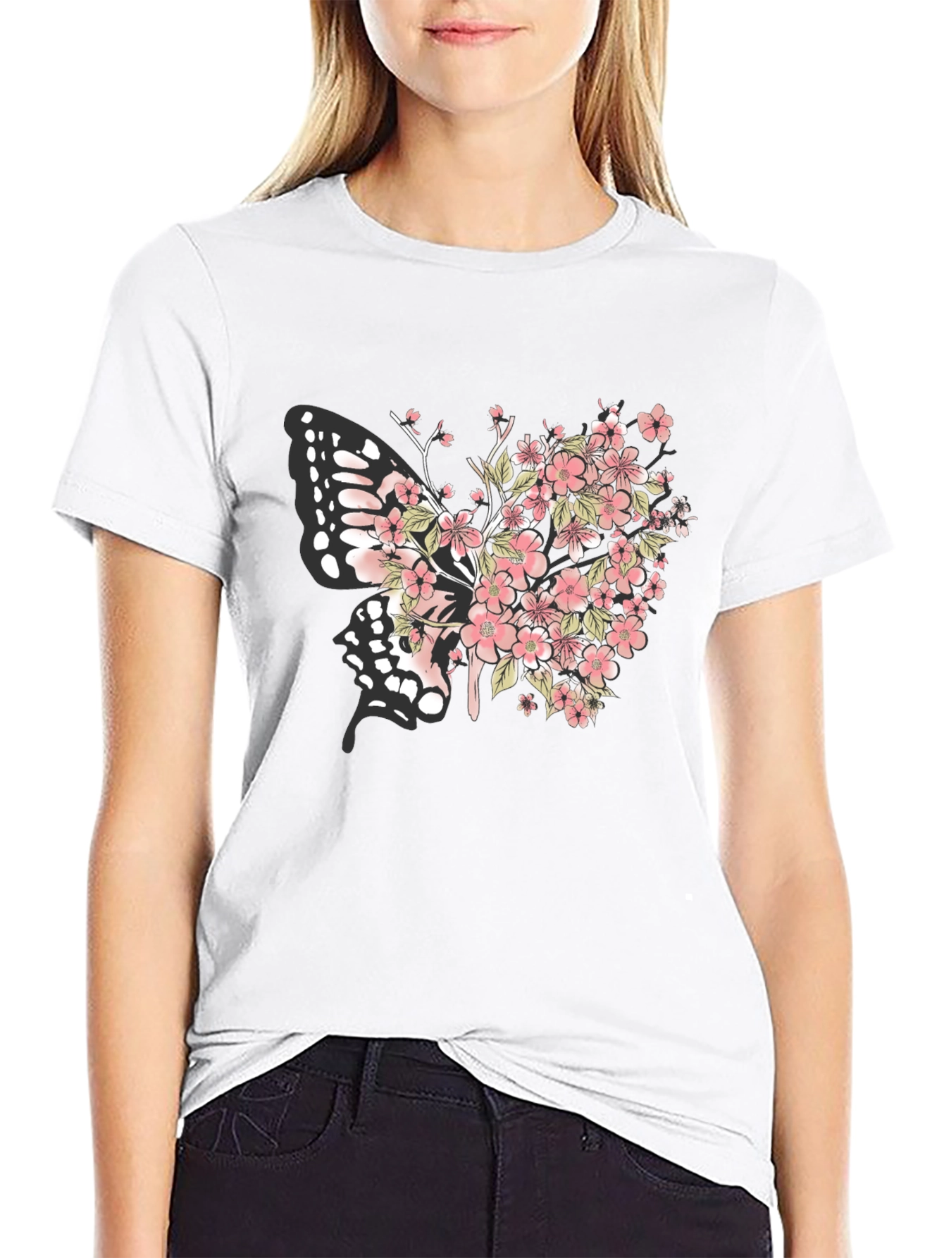Floral Butterfly Graphic Tee - Black Cotton Blend