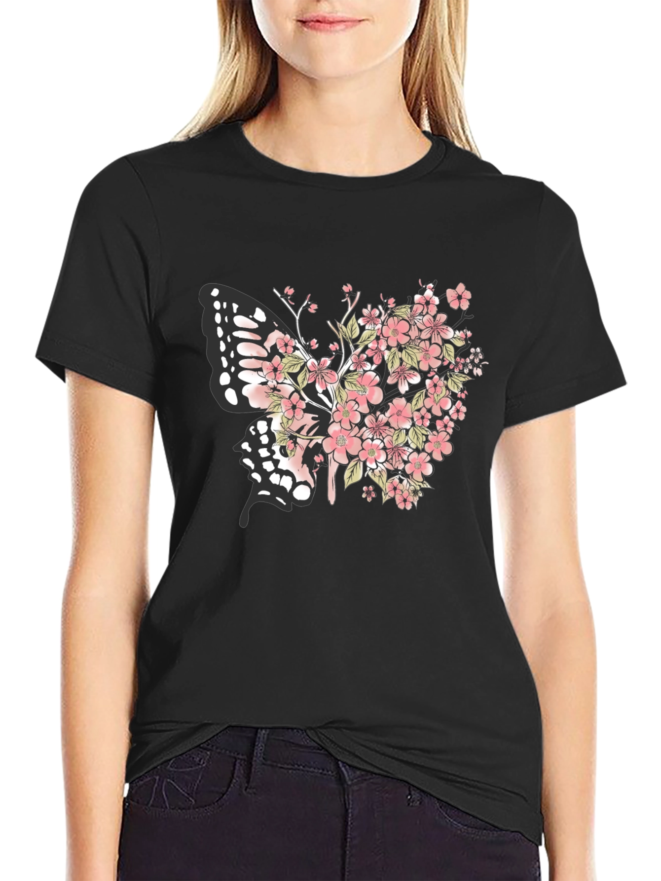 Floral Butterfly Graphic Tee - Black Cotton Blend