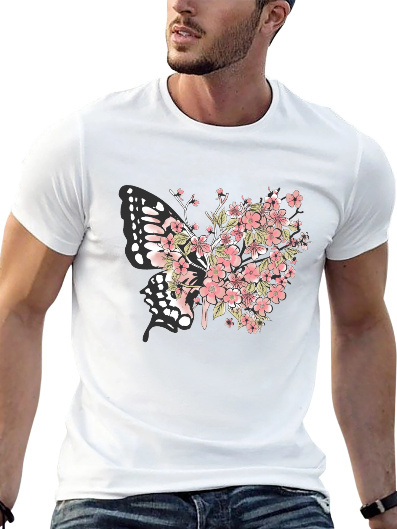 Floral Butterfly Graphic Tee - Black Cotton Blend