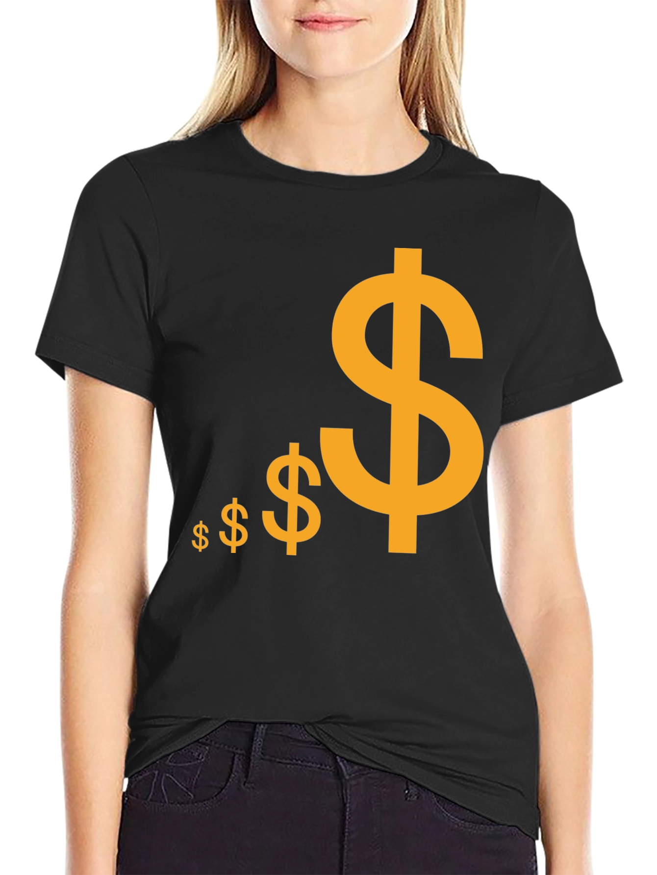Black T-Shirt with Gold Dollar Sign Design