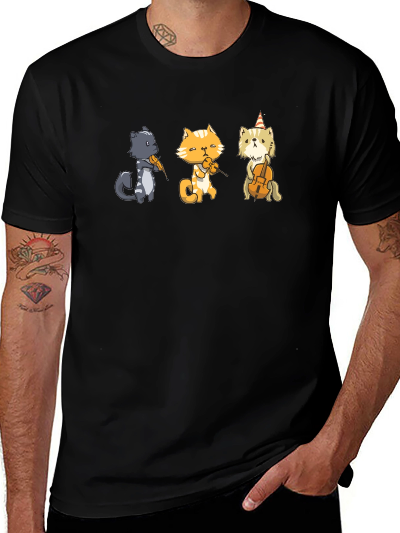 Cat Musicians T-Shirt - Black Cotton Tee