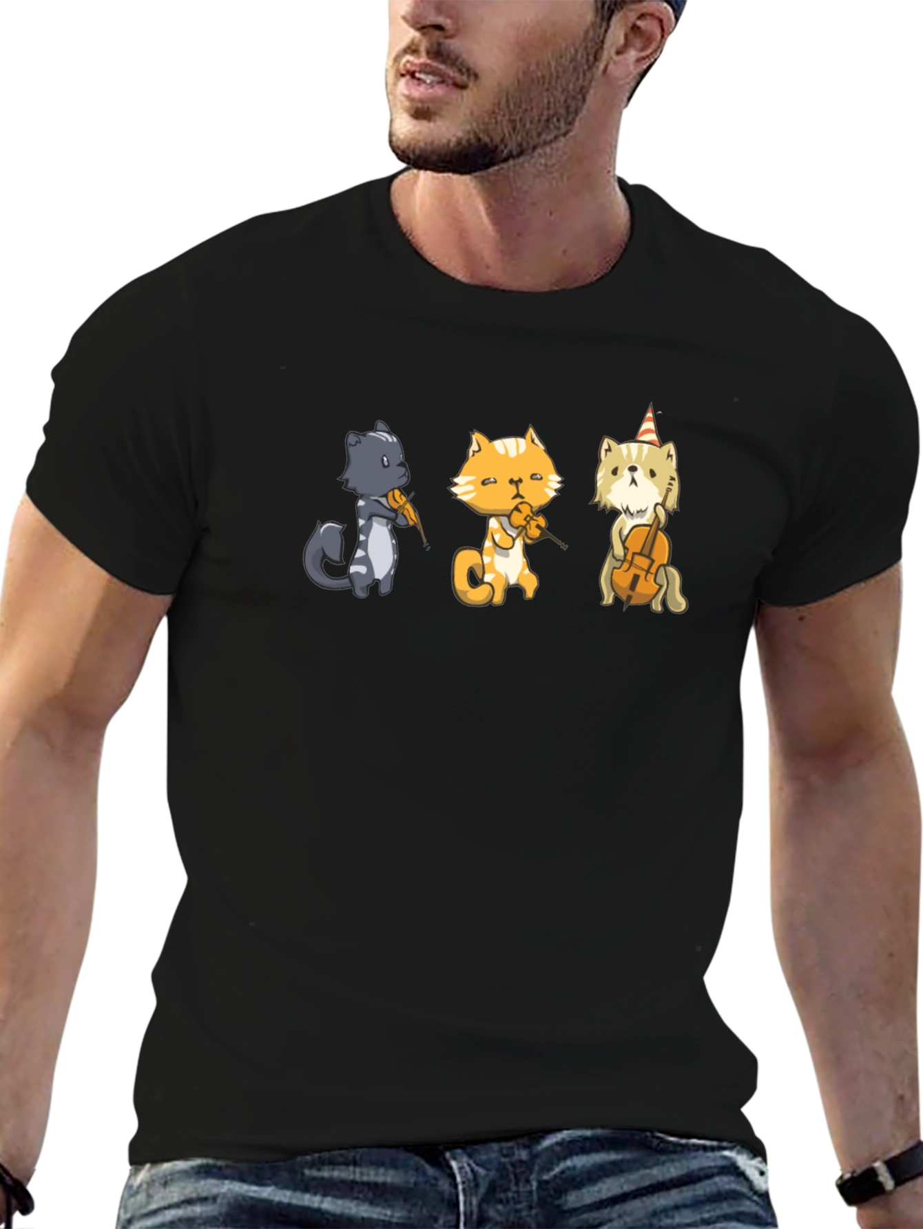 Cat Musicians T-Shirt - Black Cotton Tee