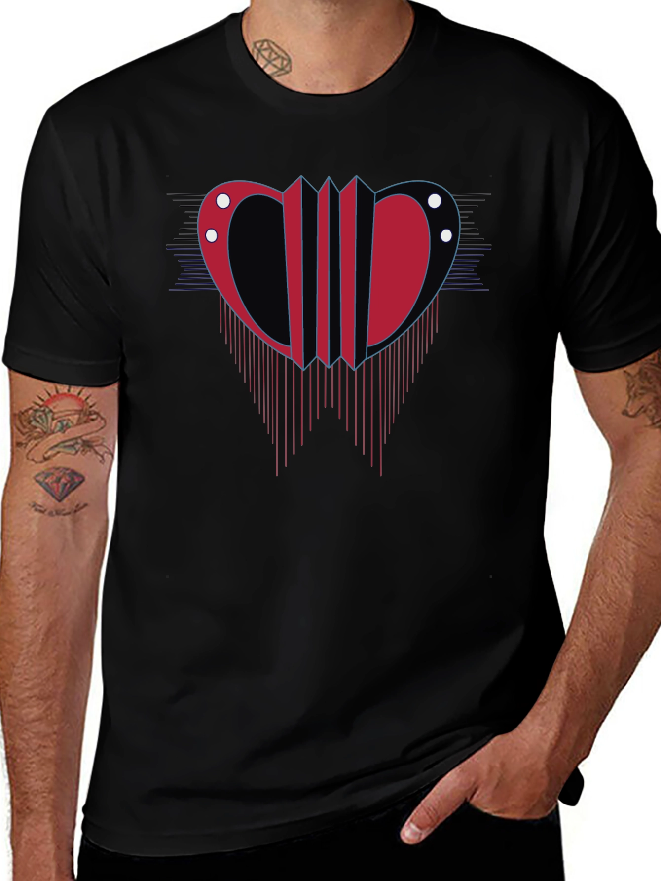 Abstract Accordion Design Mens Black T-Shirt