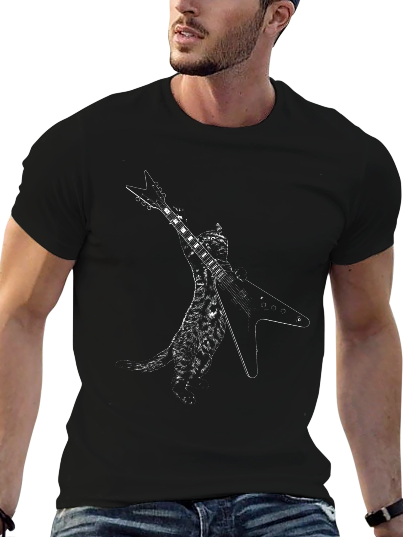 Guitar Cat Graphic Black T-Shirt