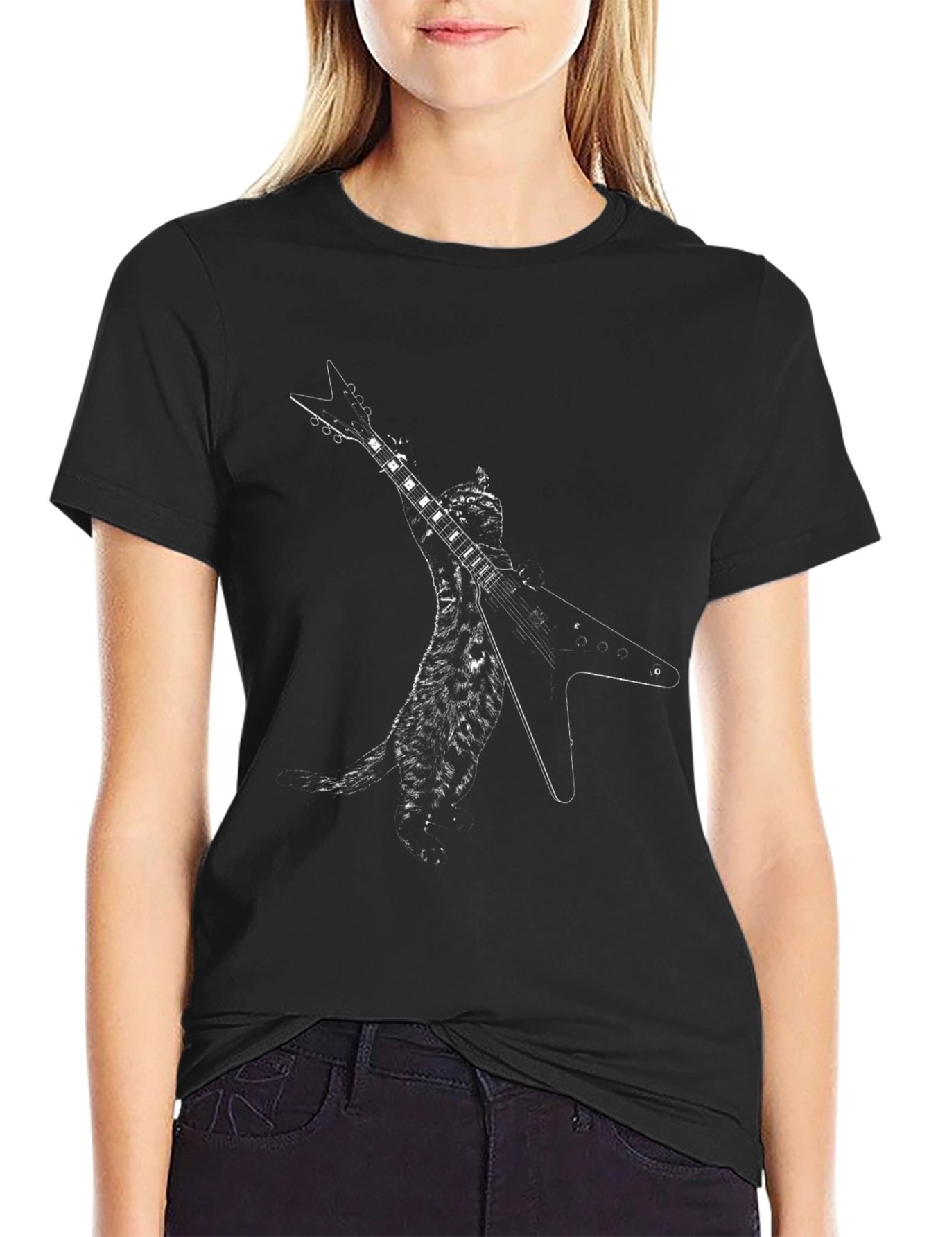 Guitar Cat Graphic Black T-Shirt