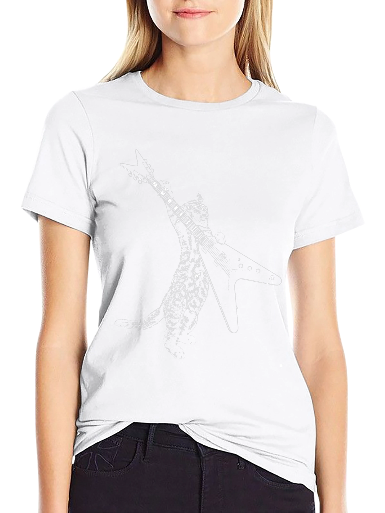 Guitar Cat Graphic Black T-Shirt