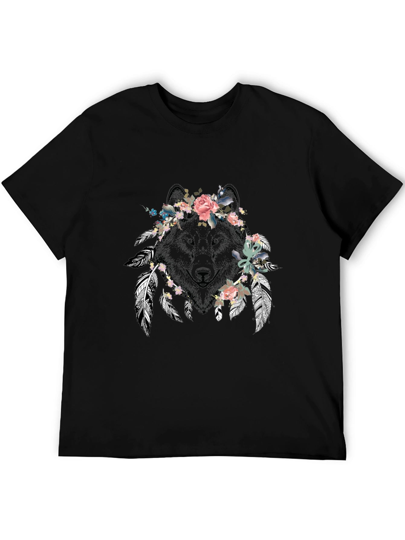 Floral Wolf Graphic Tee - Unisex Black T-Shirt
