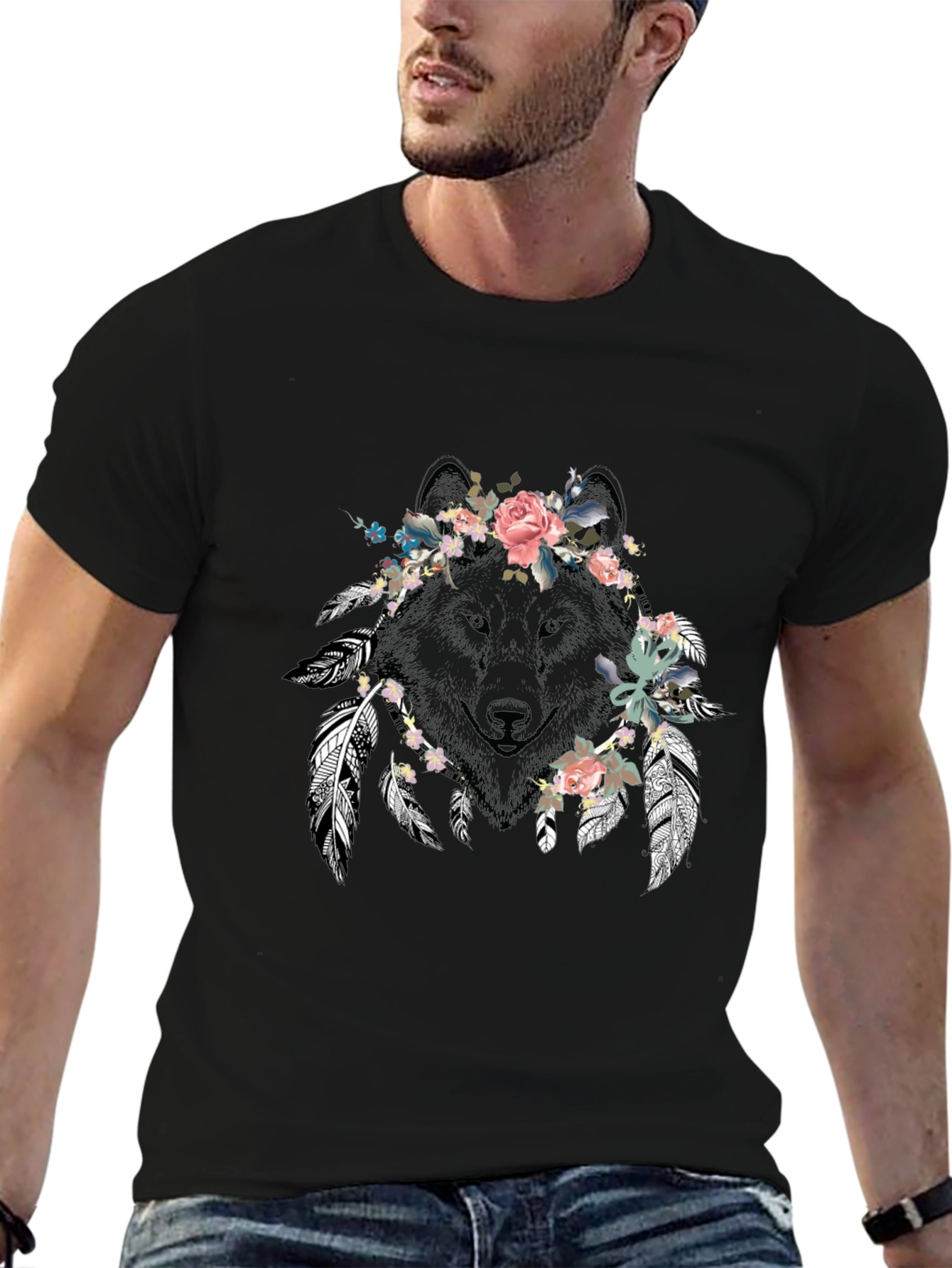 Floral Wolf Graphic Tee - Unisex Black T-Shirt