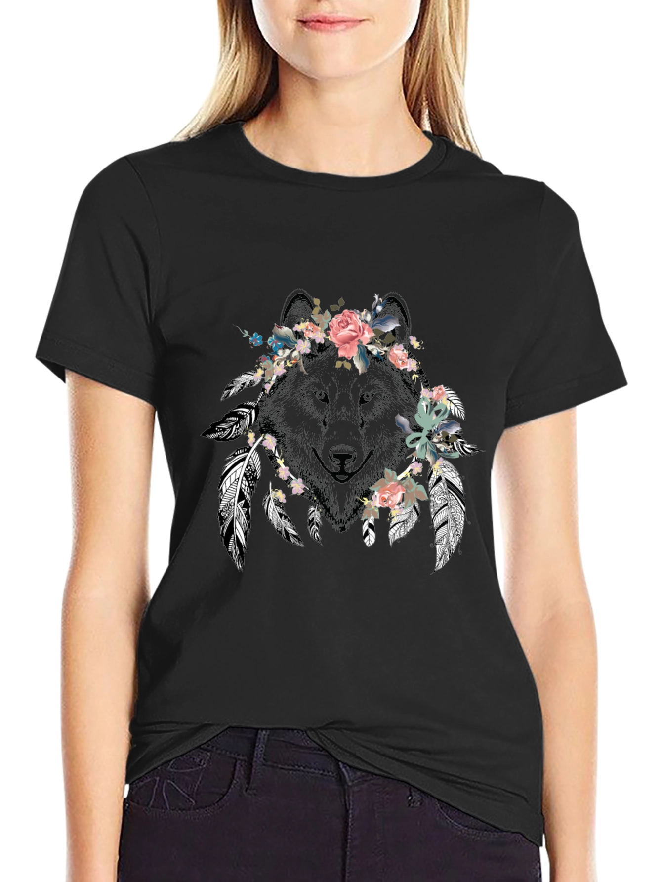 Floral Wolf Graphic Tee - Unisex Black T-Shirt