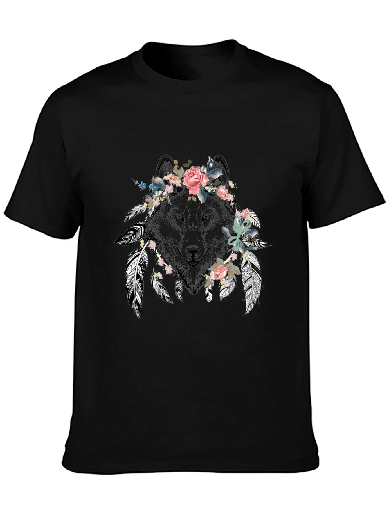 Floral Wolf Graphic Tee - Unisex Black T-Shirt