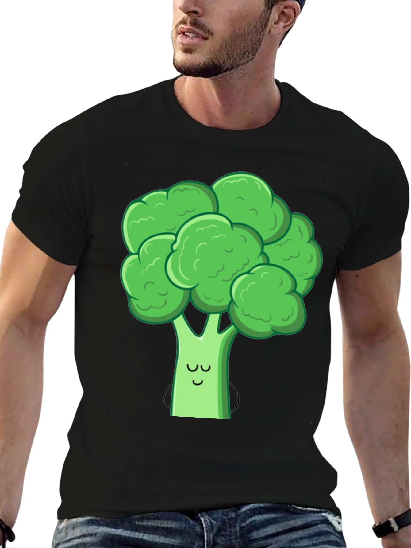 Cute Broccoli Graphic Tee - Black Cotton T-Shirt