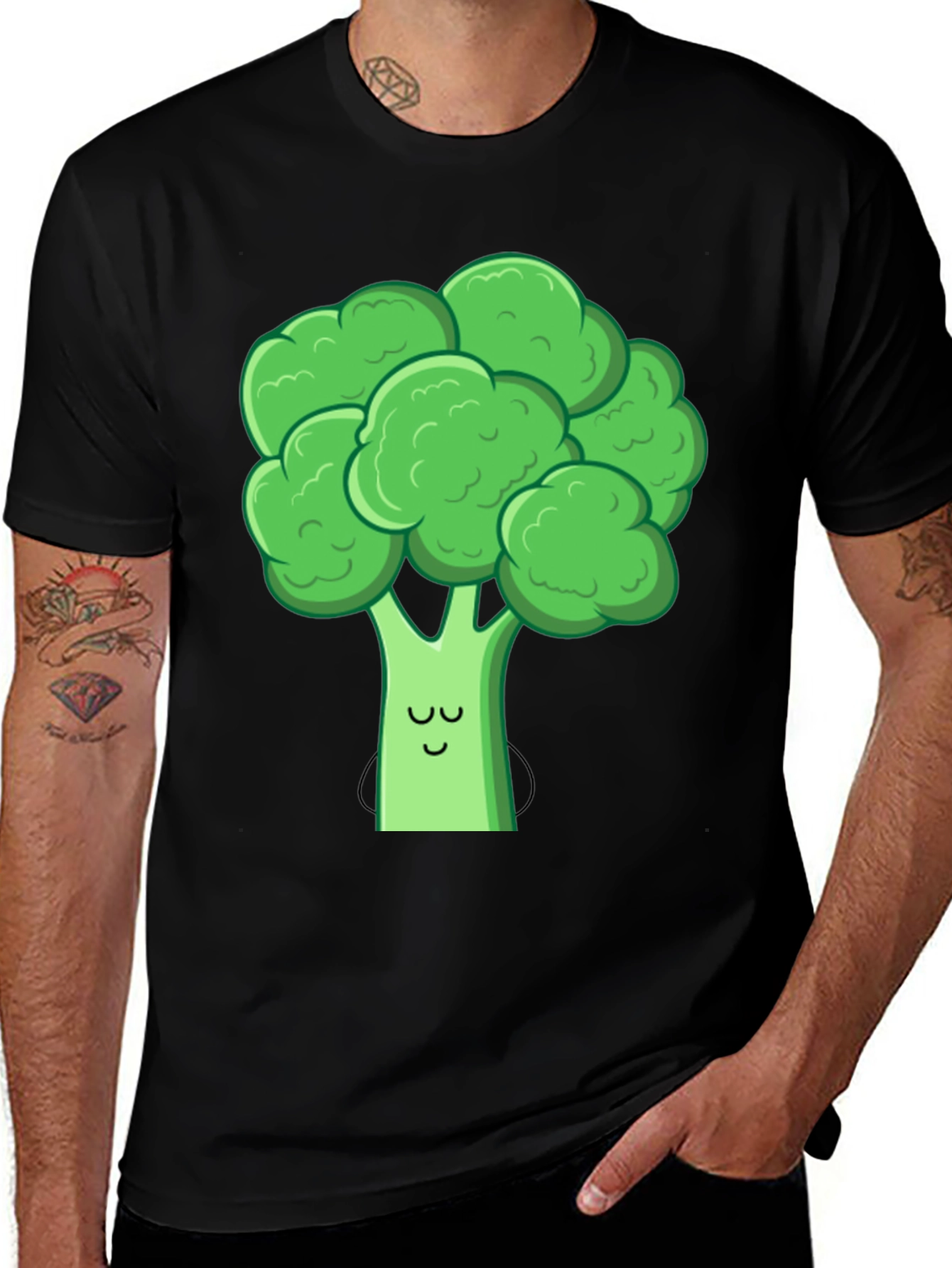 Cute Broccoli Graphic Tee - Black Cotton T-Shirt