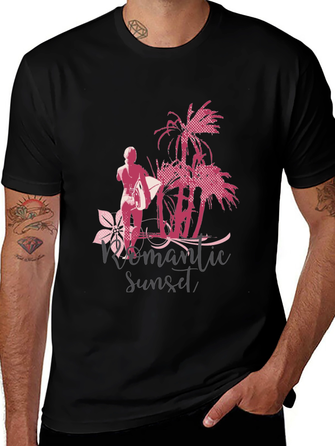 Romantic Sunset Surfer Graphic T-Shirt - Black
