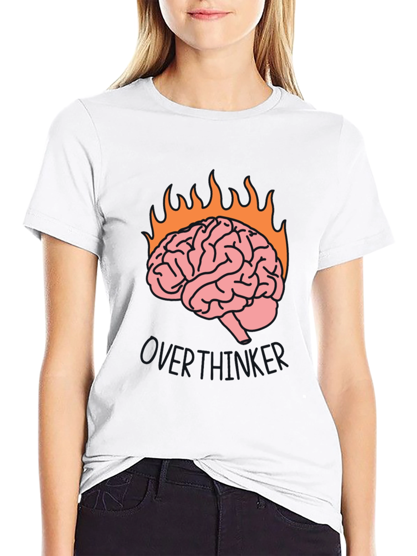 Overthinker Brain Flames Graphic Tee - Black Cotton T-Shirt