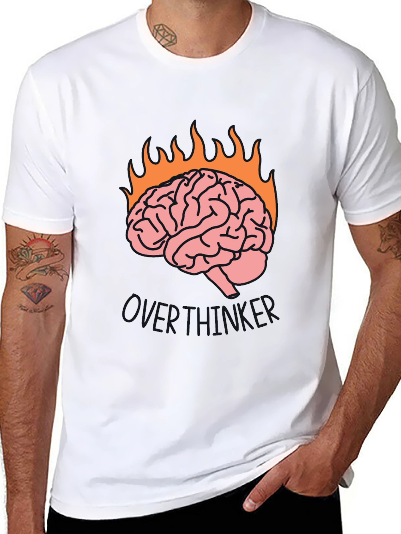 Overthinker Brain Flames Graphic Tee - Black Cotton T-Shirt